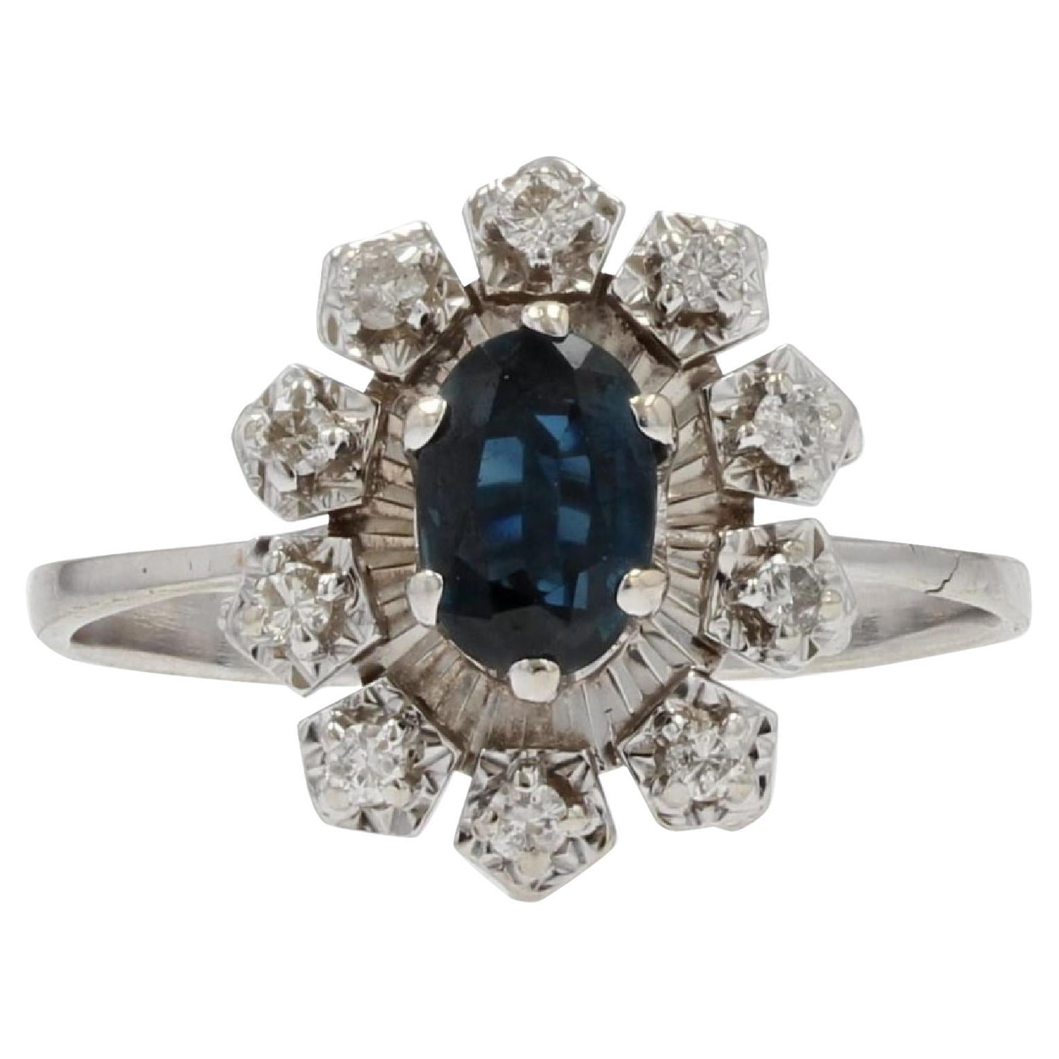 French Retro 1970s Sapphire Diamonds 18 Karat White Gold Ring