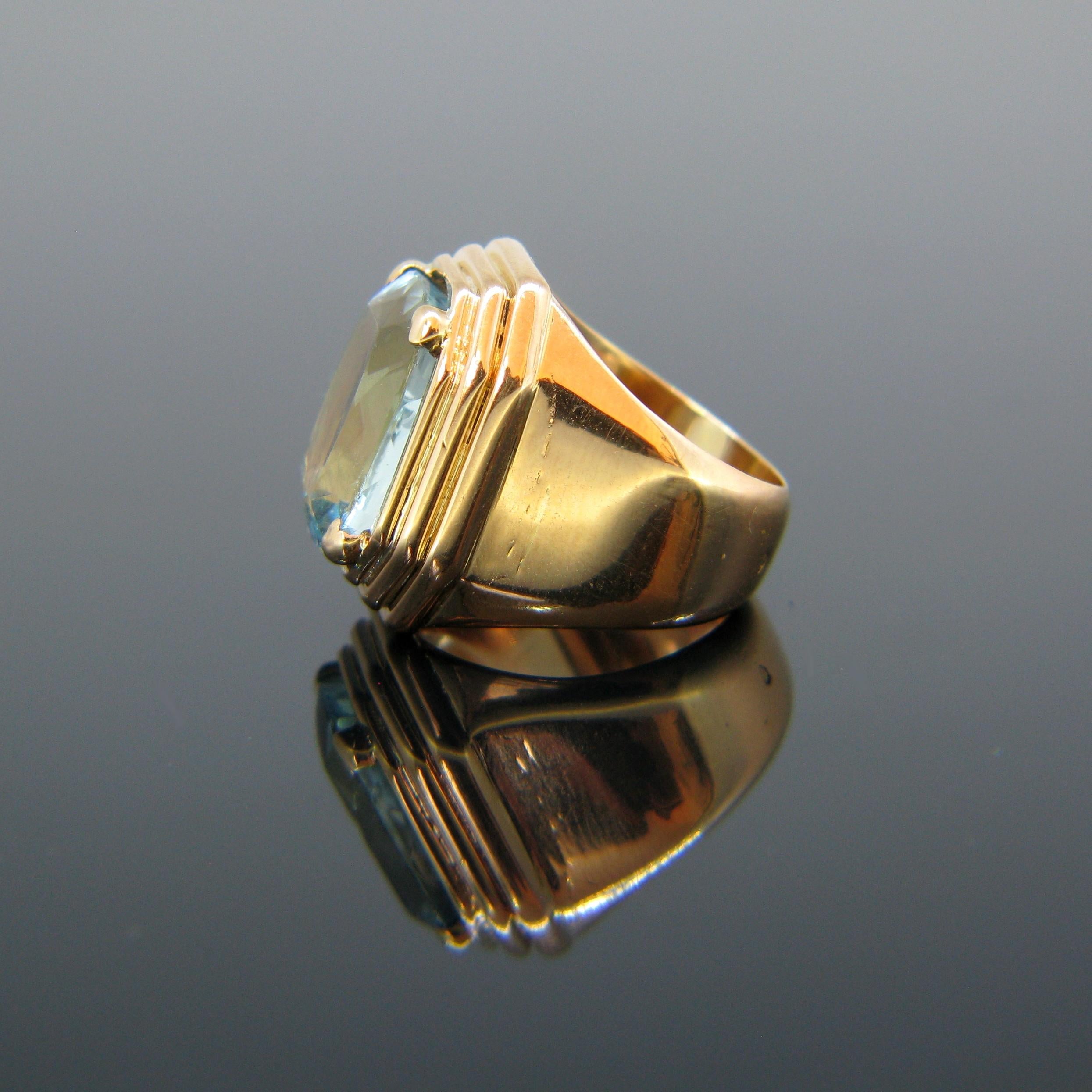 Women's or Men's French Retro Aquamarine Rose Gold Cocktail Ring