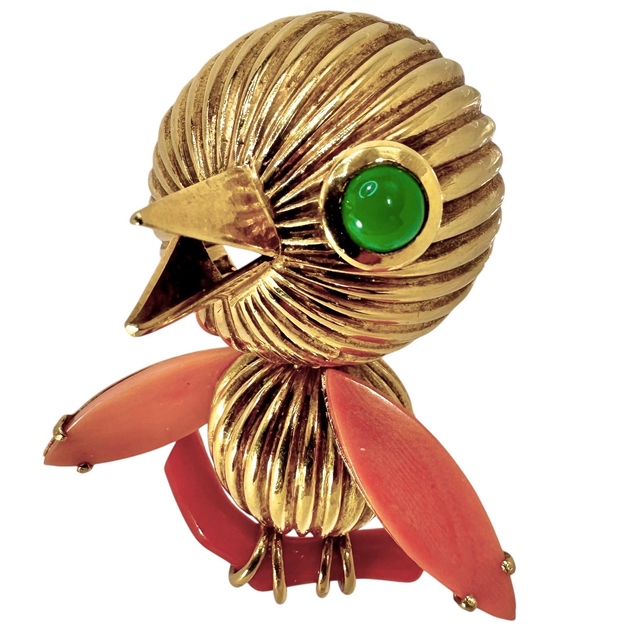 French Retro  "Bird On A Branch" Brooch in 18K Yellow Gold, Coral & Chrysoprase For Sale