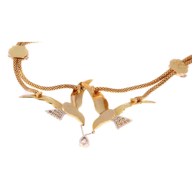 French Retro Bird Swallow Pear Shape Diamond Yellow Gold Necklace For Sale 4