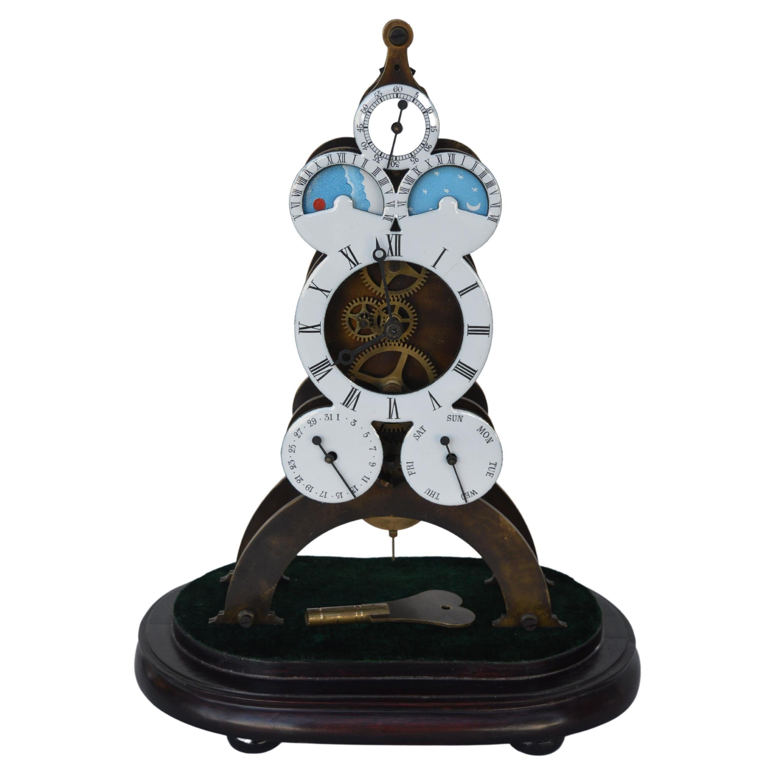 French Retro Bronze Porcelain Remontoir Gear Mechanical Swing Clock In Good Condition For Sale In Los Angeles, CA