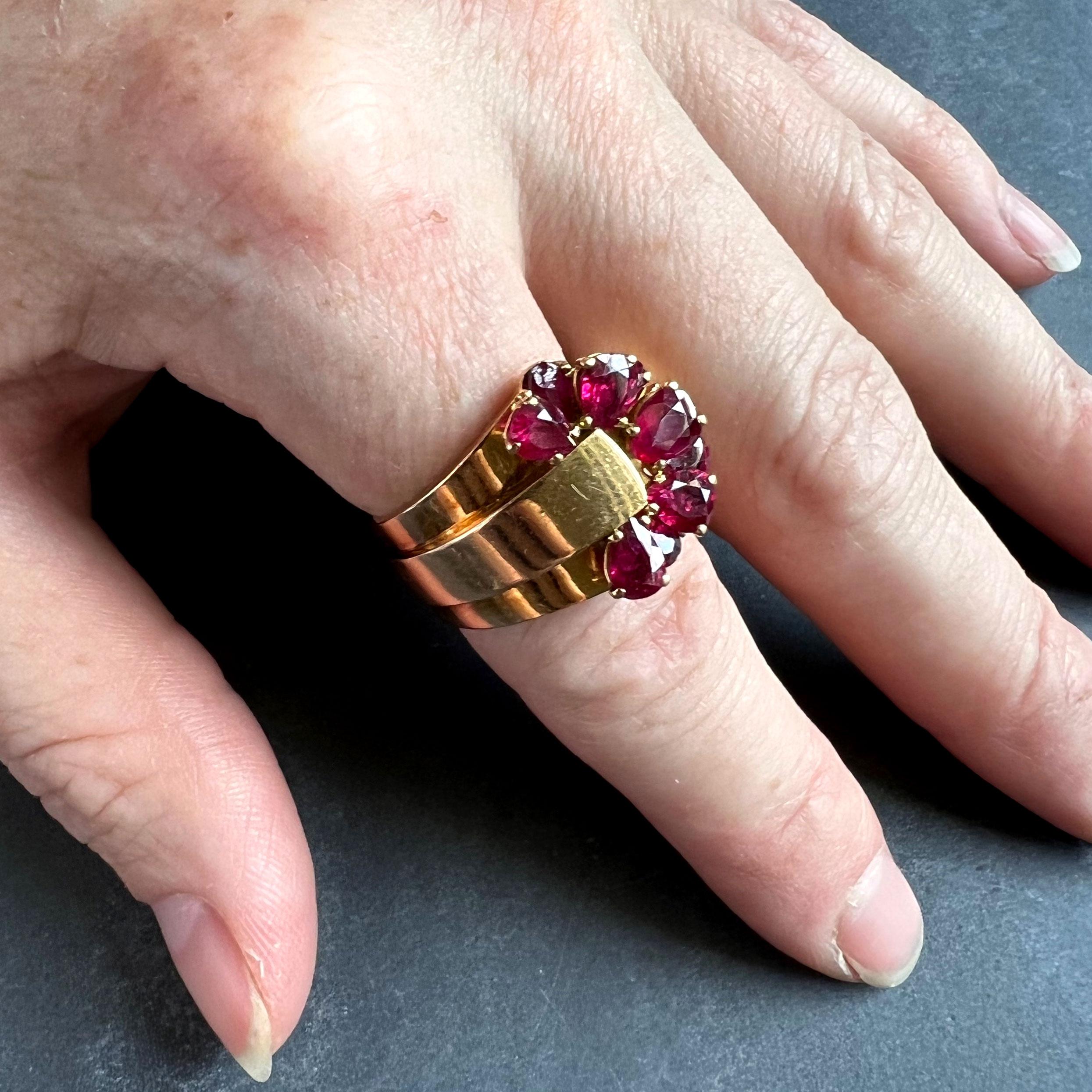 French Retro Buckle 18K Yellow Gold Ruby Ring For Sale 5