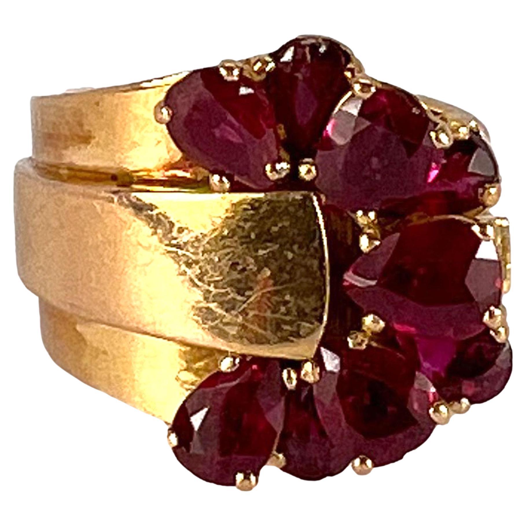 French Retro Buckle 18K Yellow Gold Ruby Ring For Sale