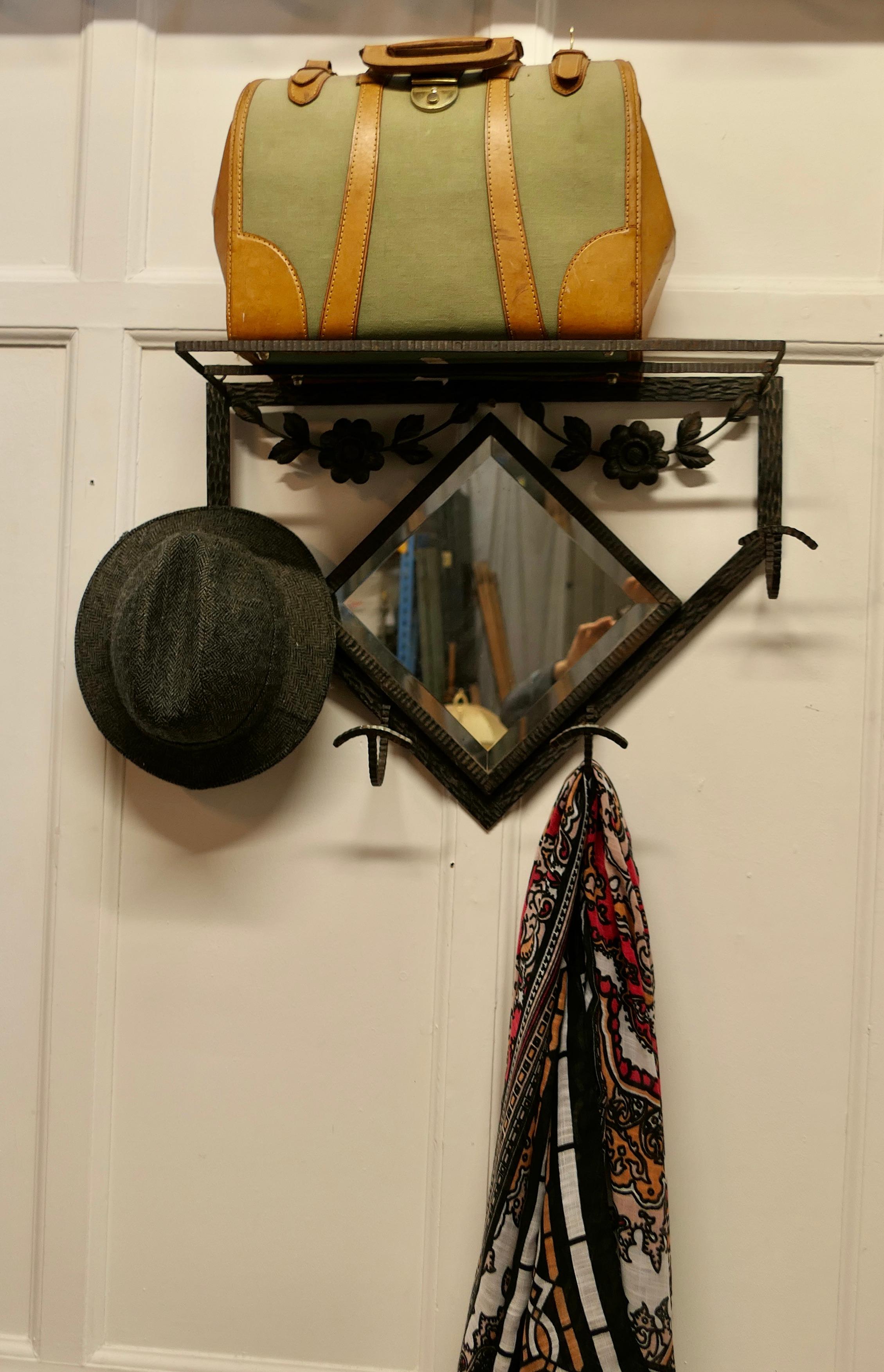 Mid-20th Century French Retro Chic Iron and Toleware Hat and Coat Rack with Mirror    For Sale