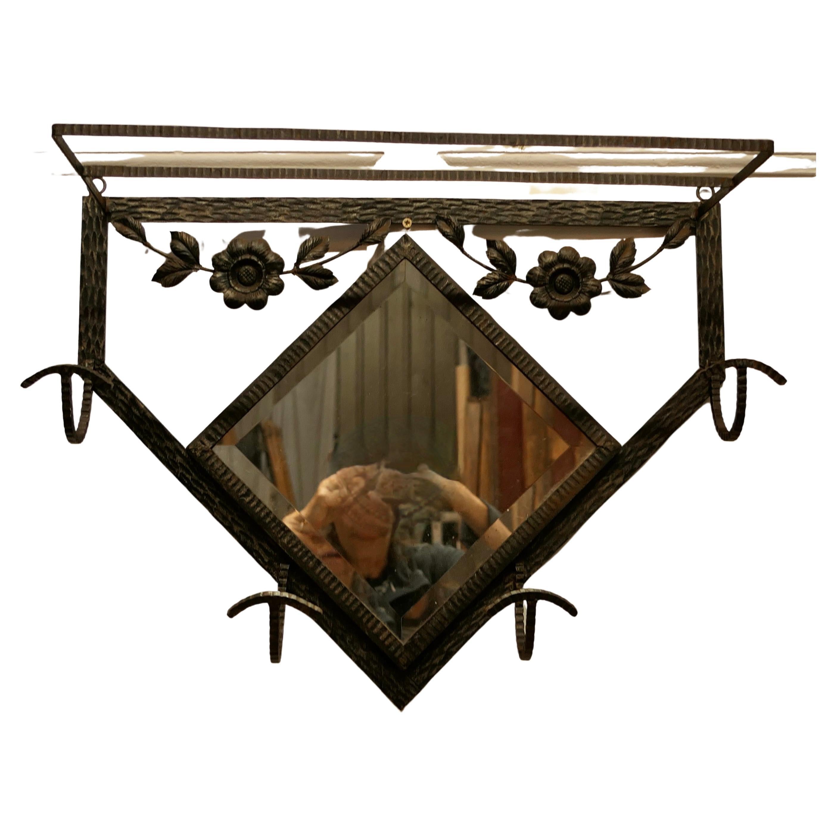 French Retro Chic Iron and Toleware Hat and Coat Rack with Mirror    For Sale