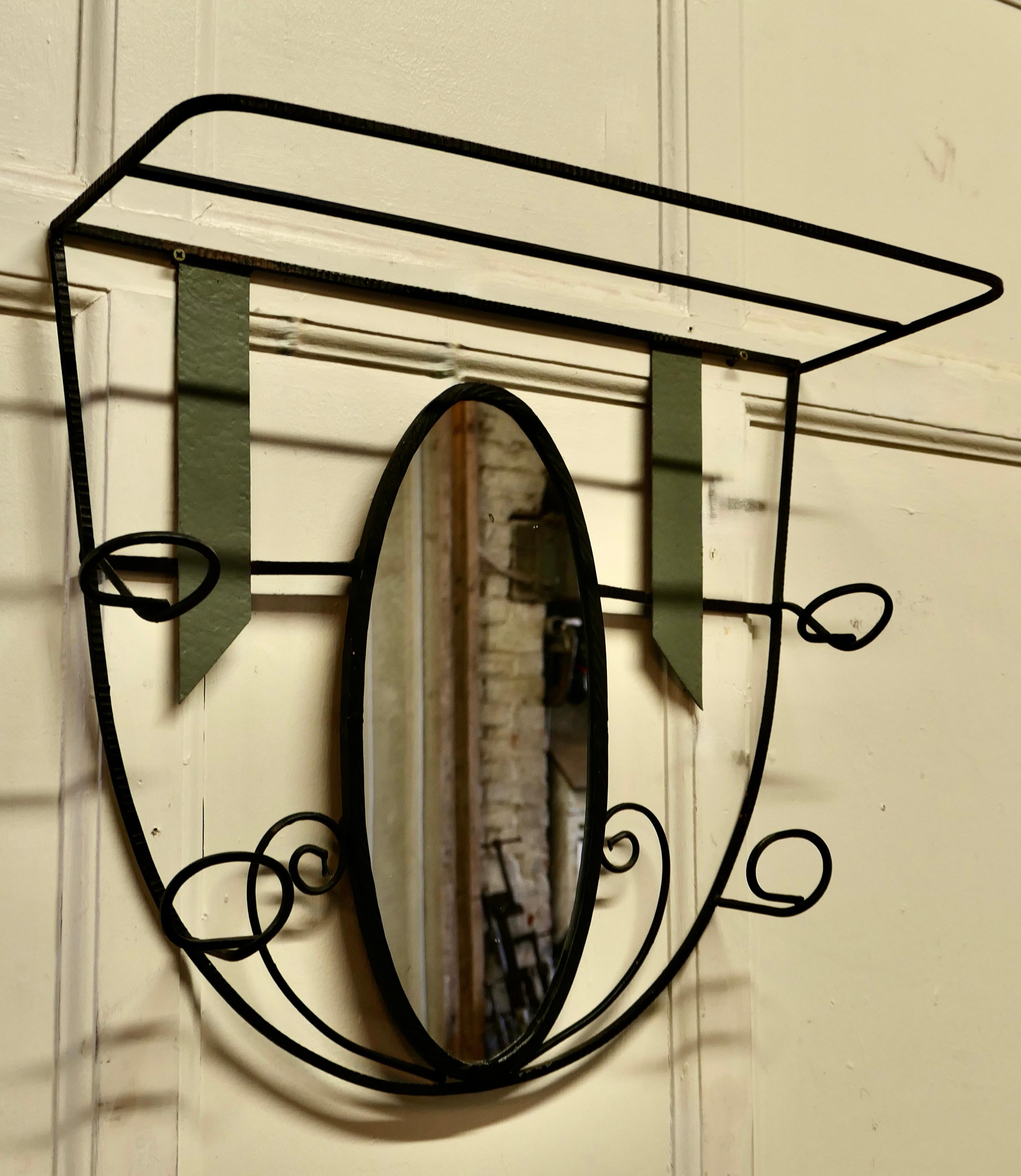 Mid-Century Modern French Retro Chic Iron and Toleware Hat and Coat Rack with Oval Mirror For Sale