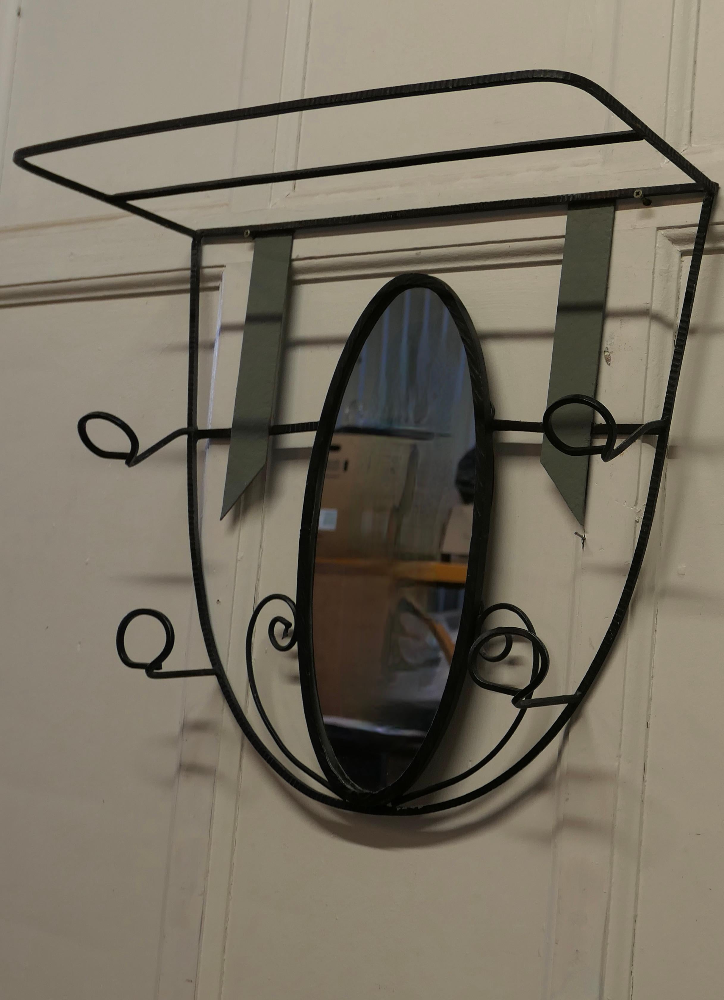 French Retro Chic Iron and Toleware Hat and Coat Rack with Oval Mirror In Good Condition For Sale In Chillerton, Isle of Wight