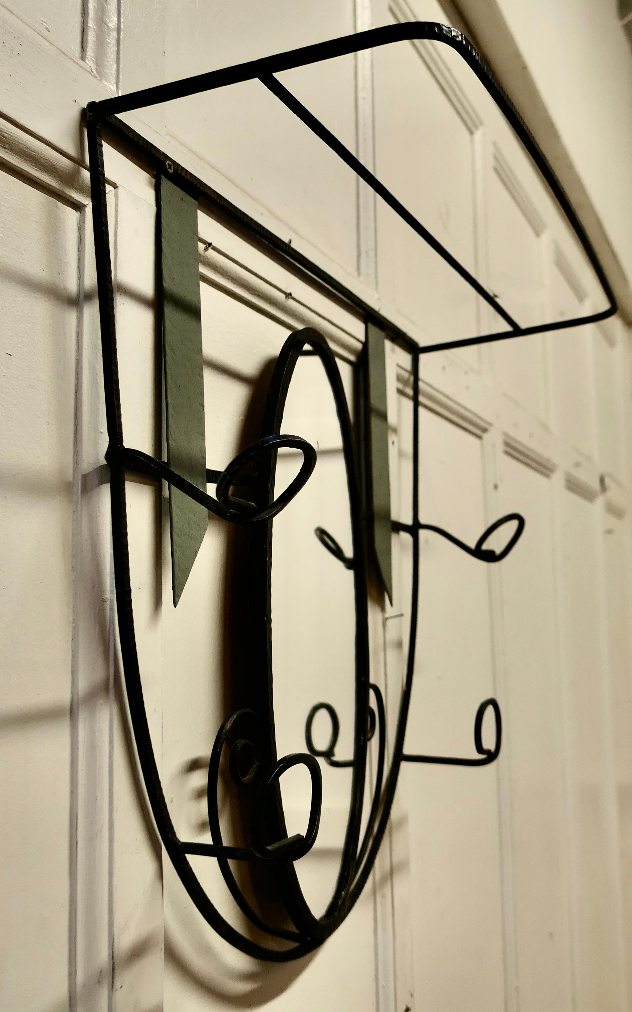 20th Century French Retro Chic Iron and Toleware Hat and Coat Rack with Oval Mirror For Sale