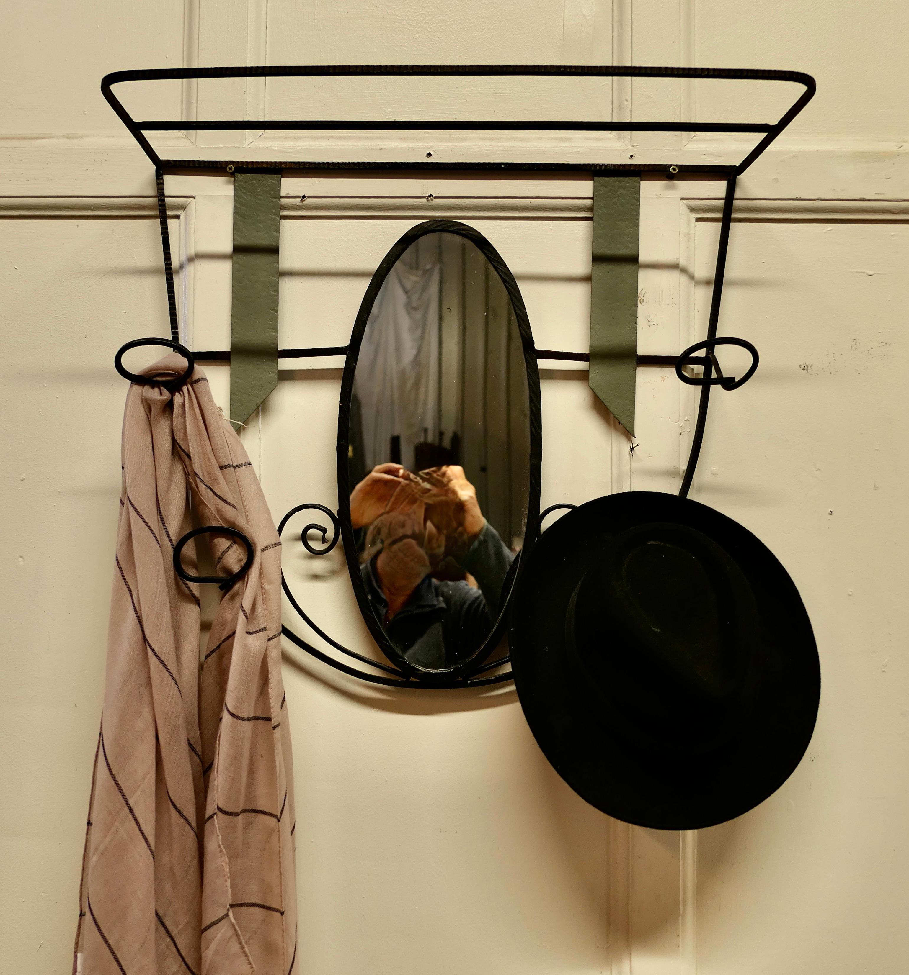 French Retro Chic Iron and Toleware Hat and Coat Rack with Oval Mirror For Sale 1