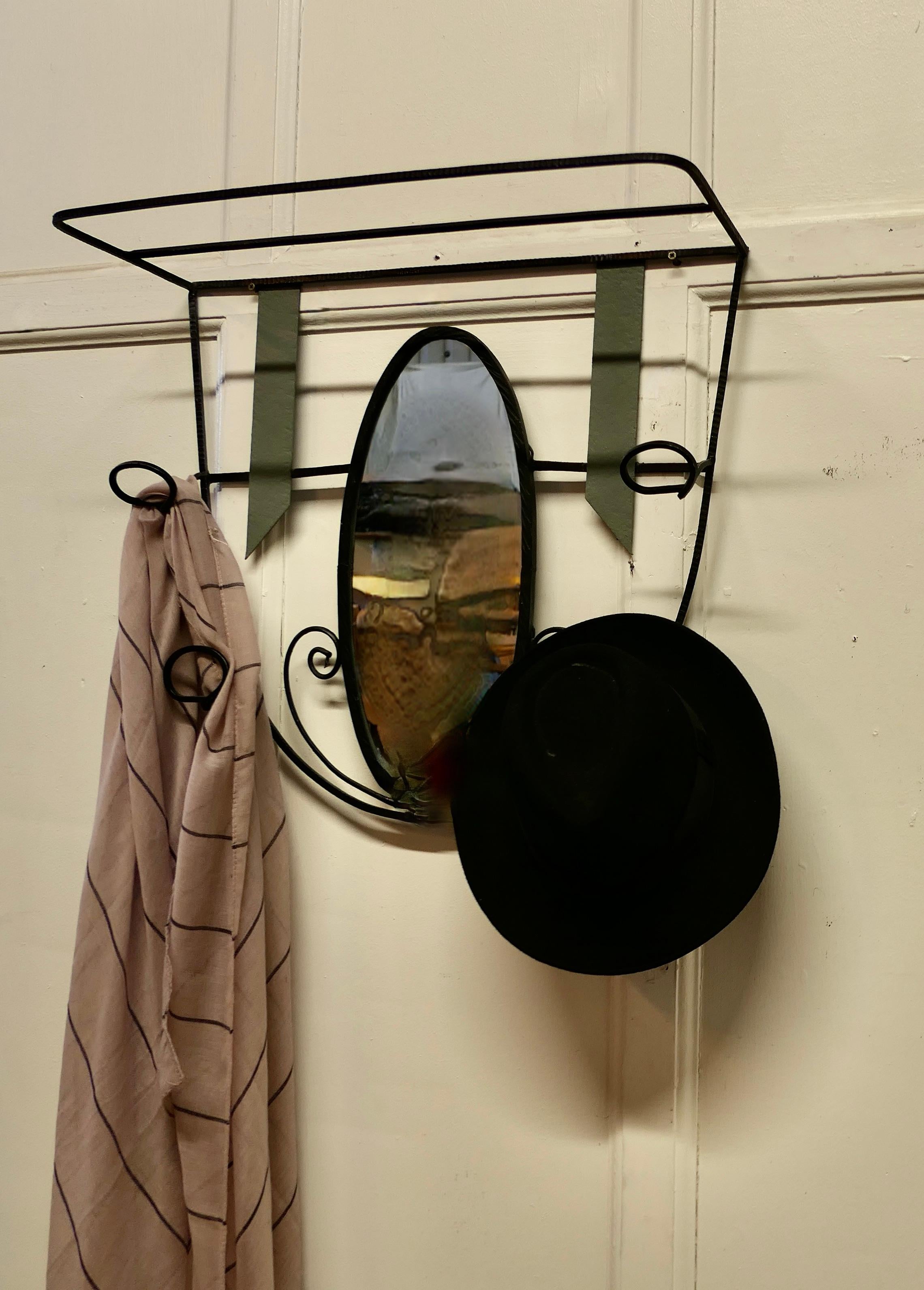 French Retro Chic Iron and Toleware Hat and Coat Rack with Oval Mirror For Sale 2