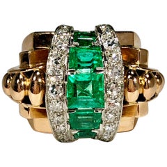 French Retro Diamond and Emerald Ring