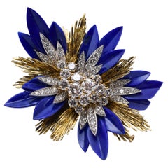 Französische Retro-Brosche aus 18 Karat Gelbgold mit Diamanten und Lapislazuli