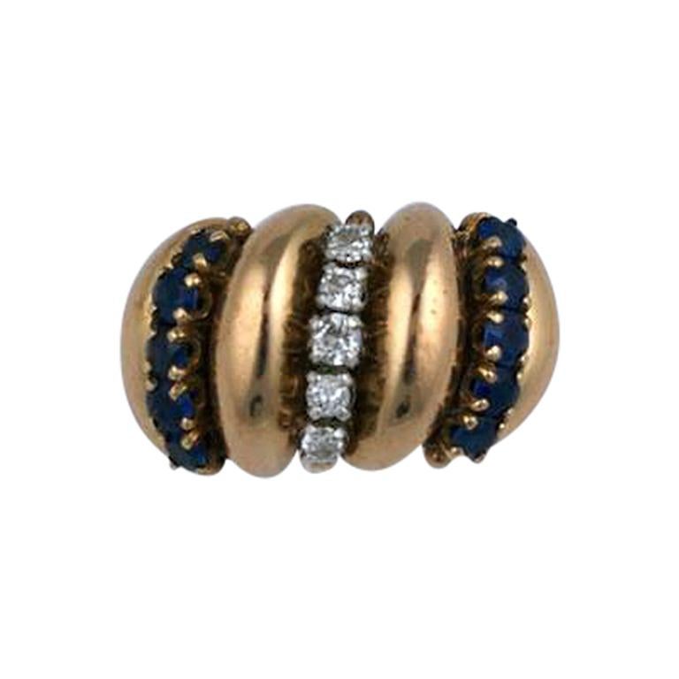 French Retro Diamond and Sapphire Cocktail Ring For Sale