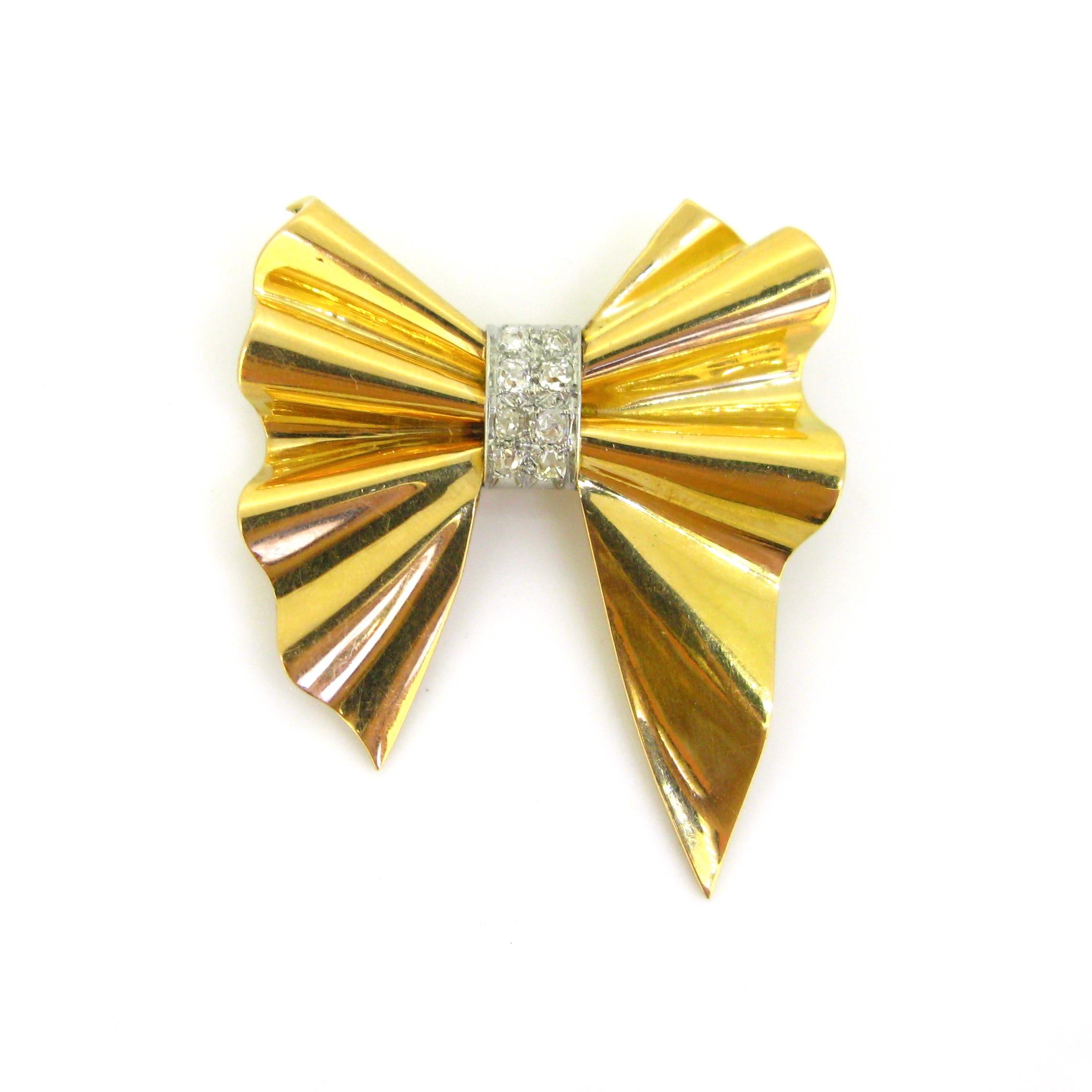 Old Mine Cut French Retro Diamond Bow Ribbon Gold Platinum Brooch