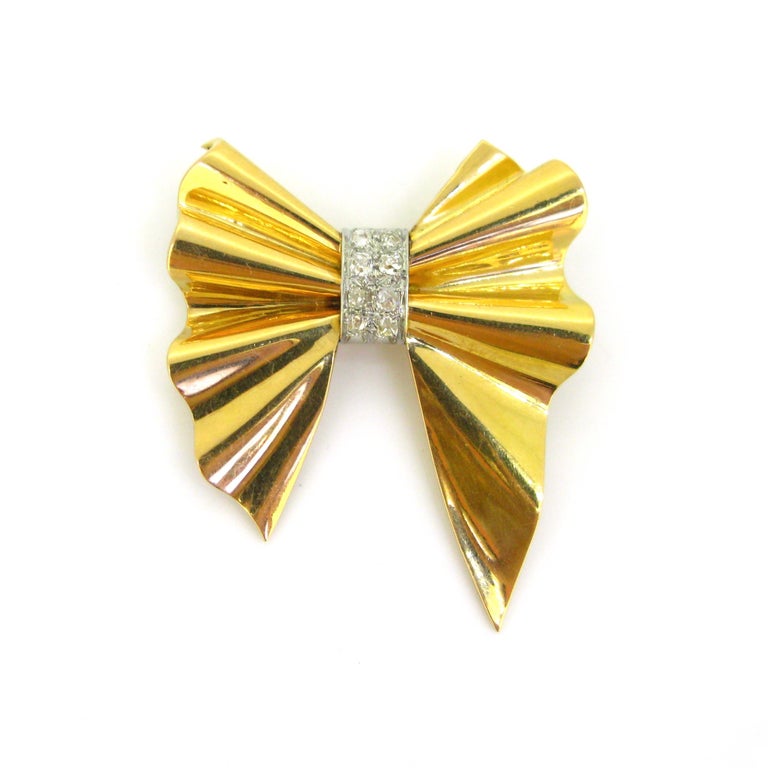 Old Mine Cut French Retro Diamond Bow Ribbon Gold Platinum Brooch For Sale