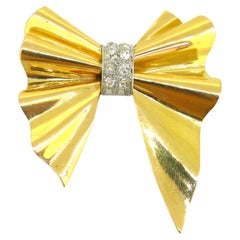 French Retro Diamond Bow Ribbon Gold Platinum Brooch