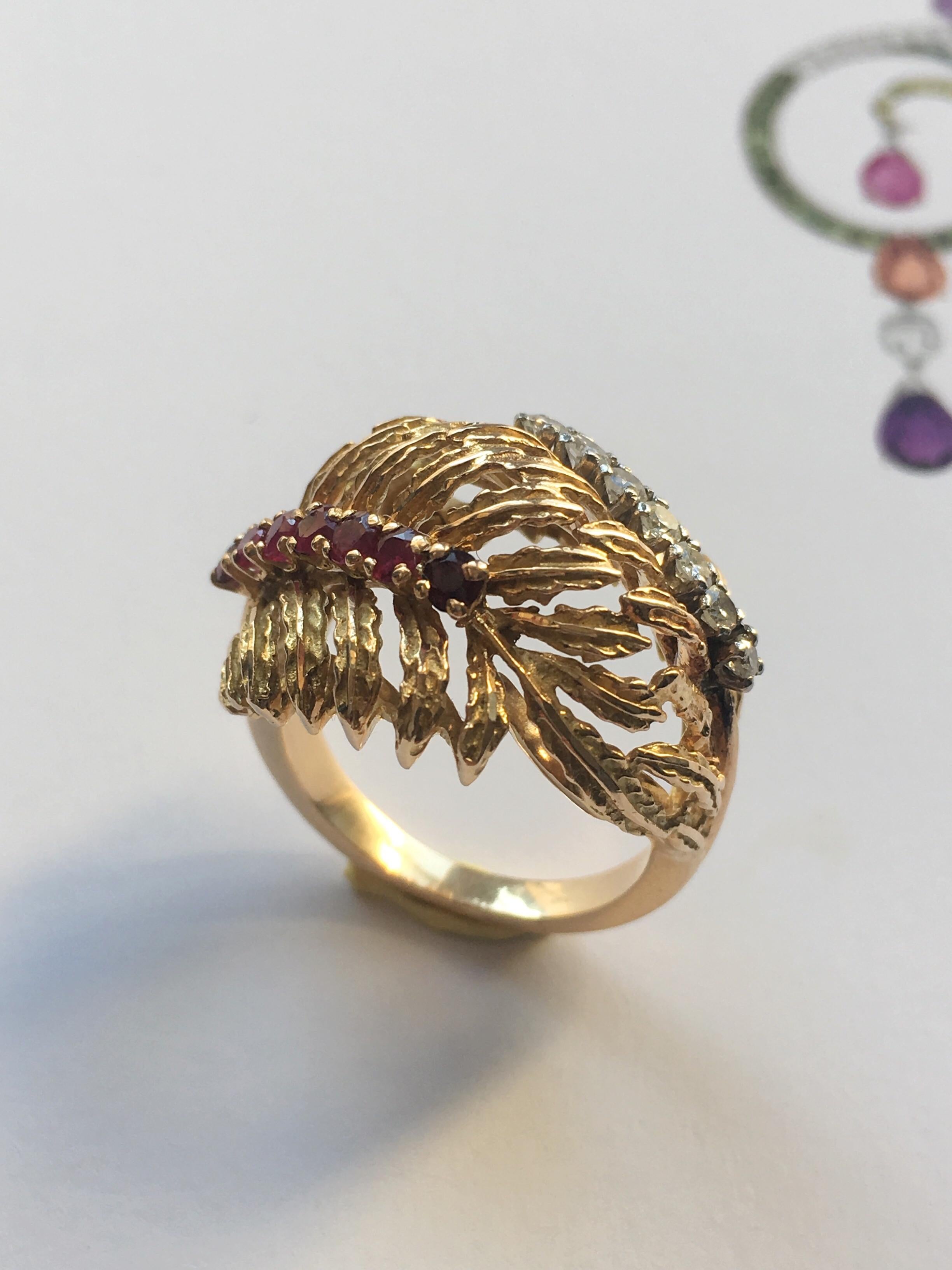 French Retro diamond ruby 18K gold cocktail statement ring For Sale 3