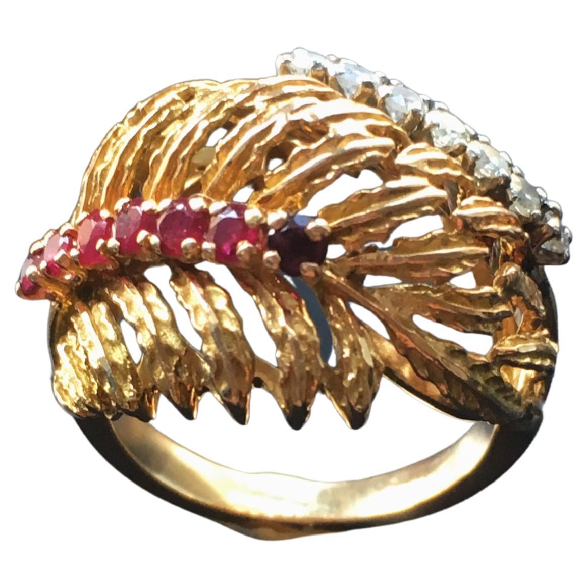 French Retro diamond ruby 18K gold cocktail statement ring For Sale