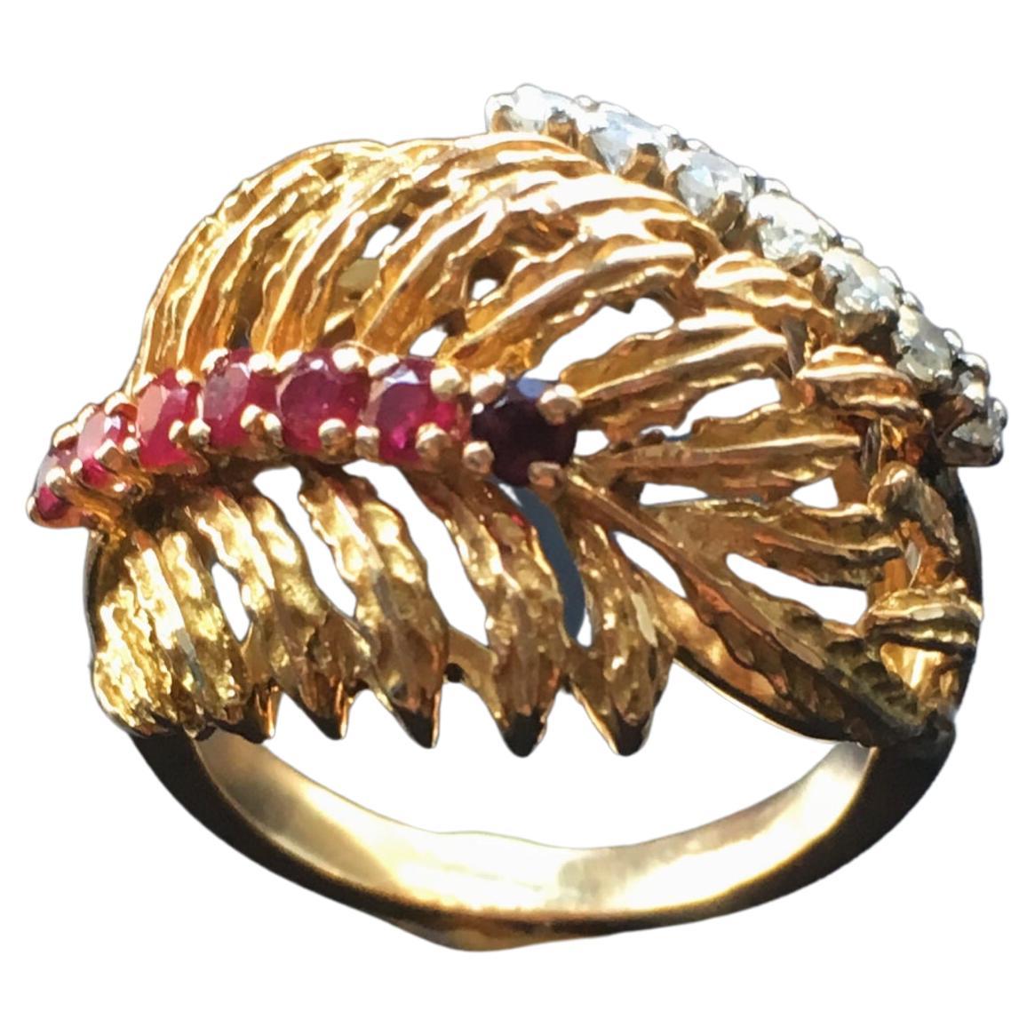 Bague de cocktail rétro française en or 18 carats avec diamants et rubis