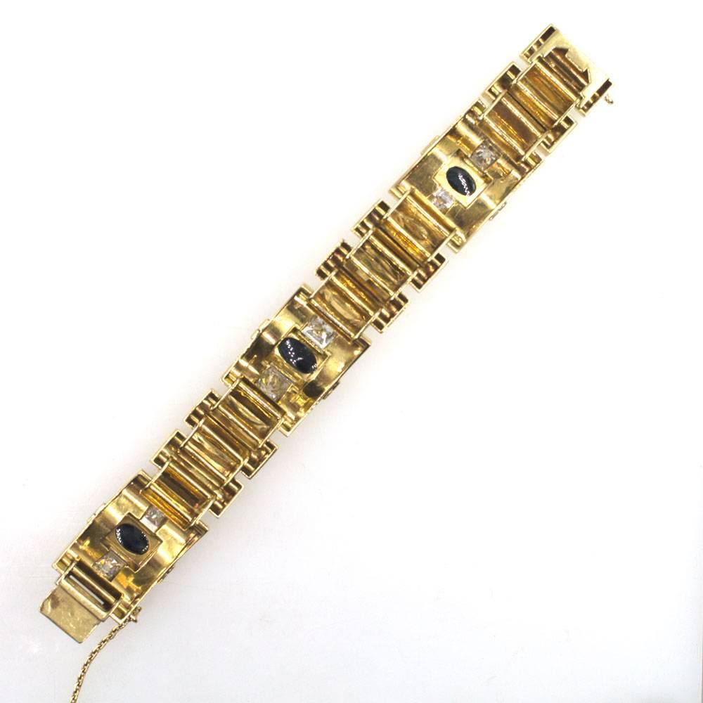 French Retro Diamond Sapphire 18 Karat Yellow Gold Heavy Link Bracelet In Excellent Condition In Boca Raton, FL