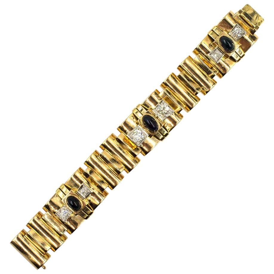French Retro Diamond Sapphire 18 Karat Yellow Gold Heavy Link Bracelet
