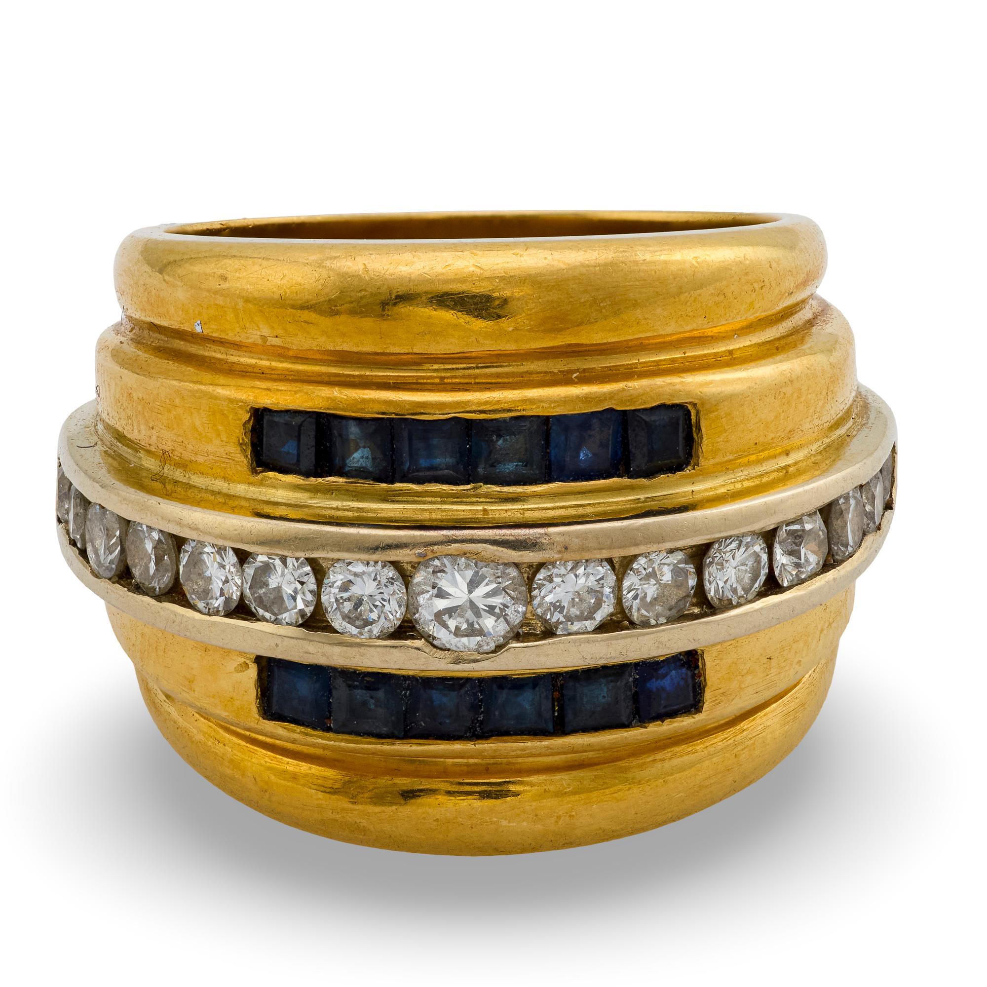 Französischer Retro Diamant Saphir 18k Gelbgold Panzer Ring (Brillantschliff) im Angebot