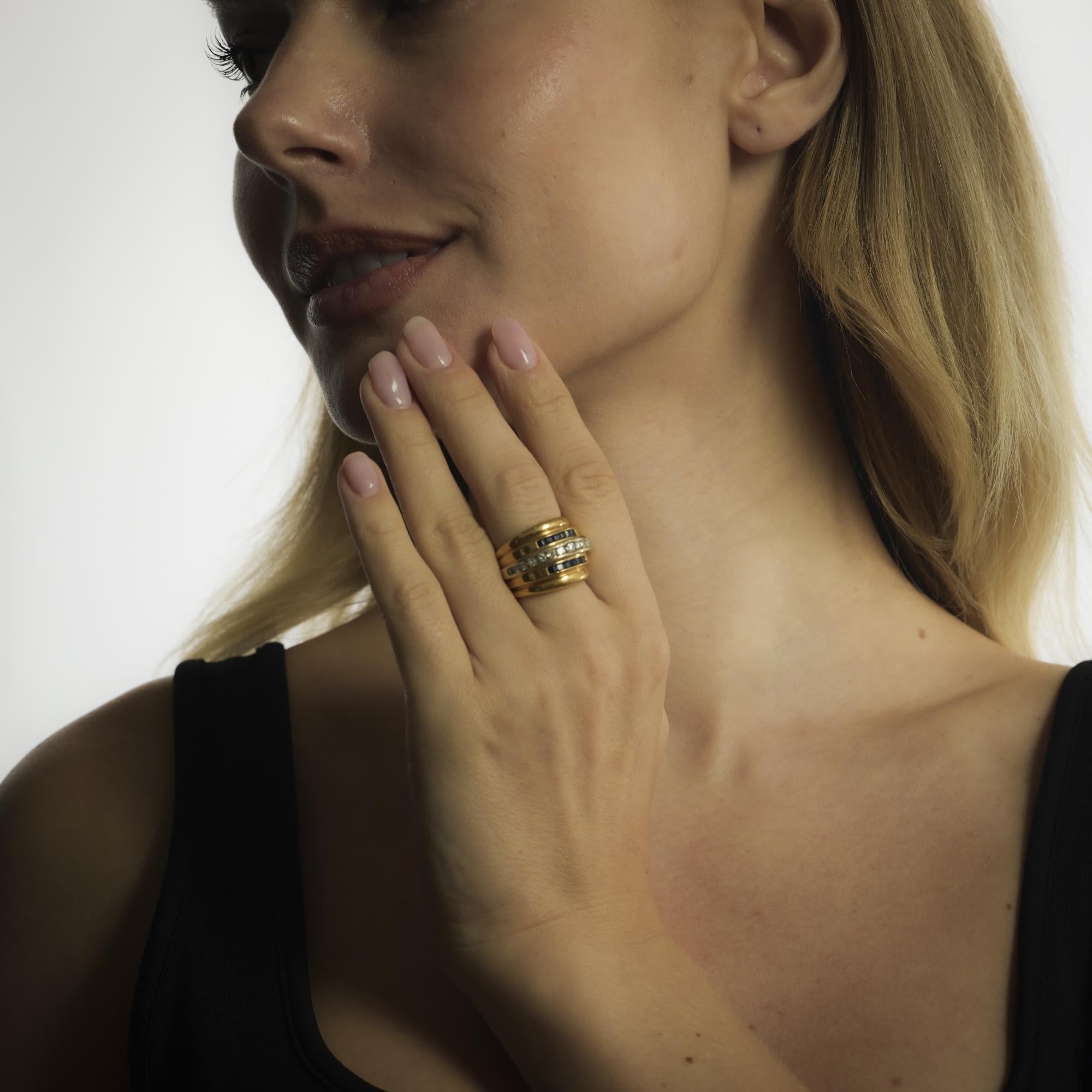 Französischer Retro Diamant Saphir 18k Gelbgold Panzer Ring im Zustand „Gut“ im Angebot in Beverly Hills, CA