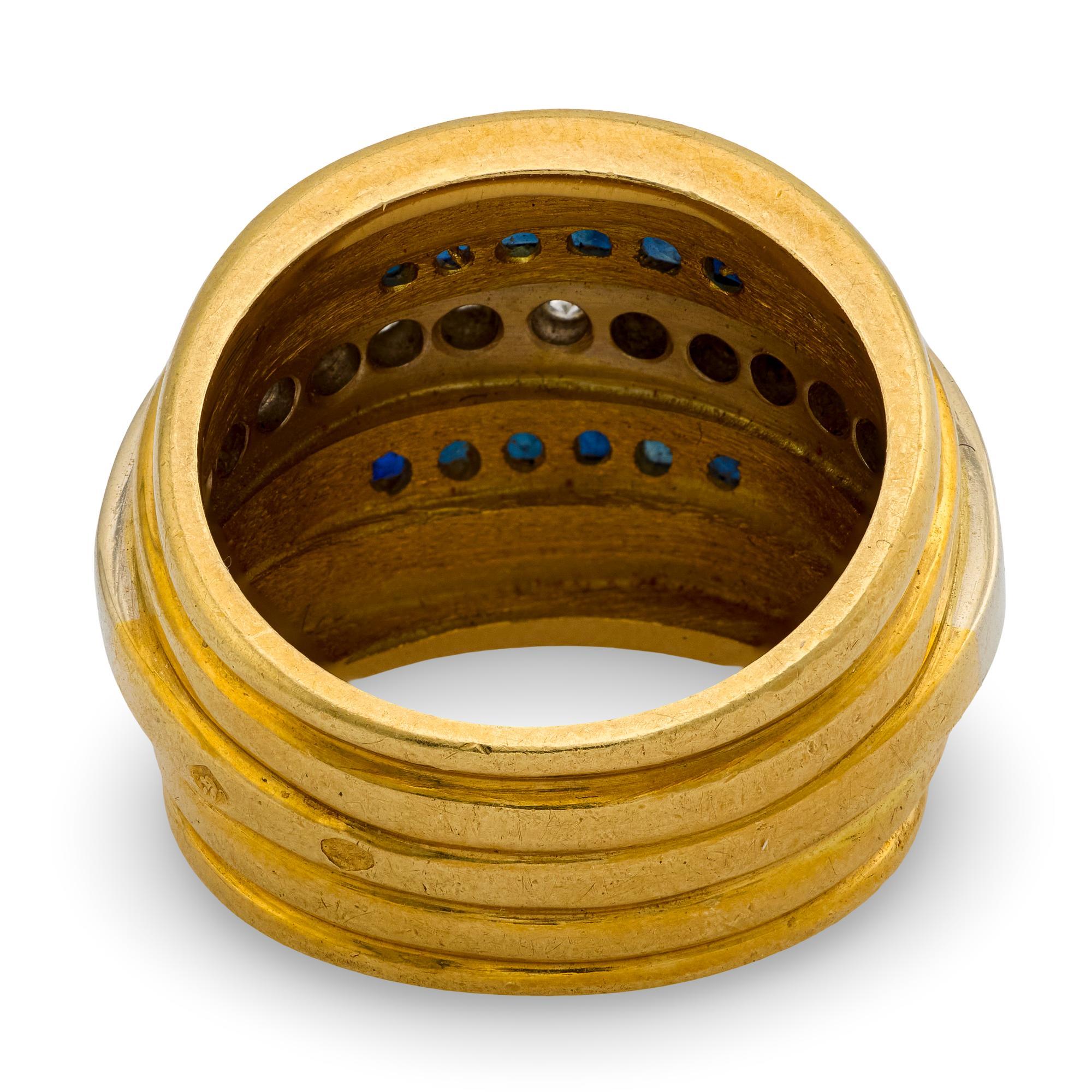 Französischer Retro Diamant Saphir 18k Gelbgold Panzer Ring Damen im Angebot