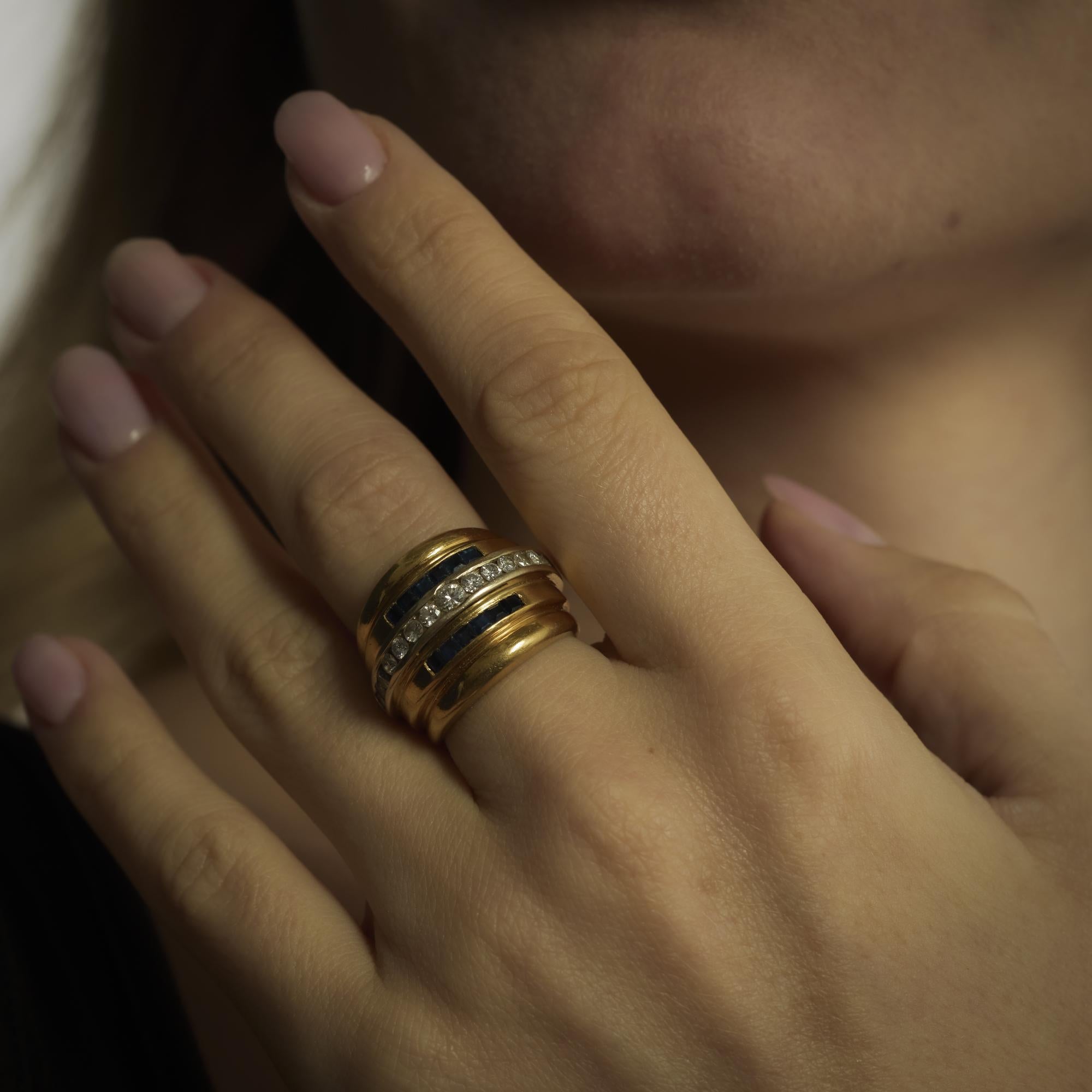 Französischer Retro Diamant Saphir 18k Gelbgold Panzer Ring im Angebot 1