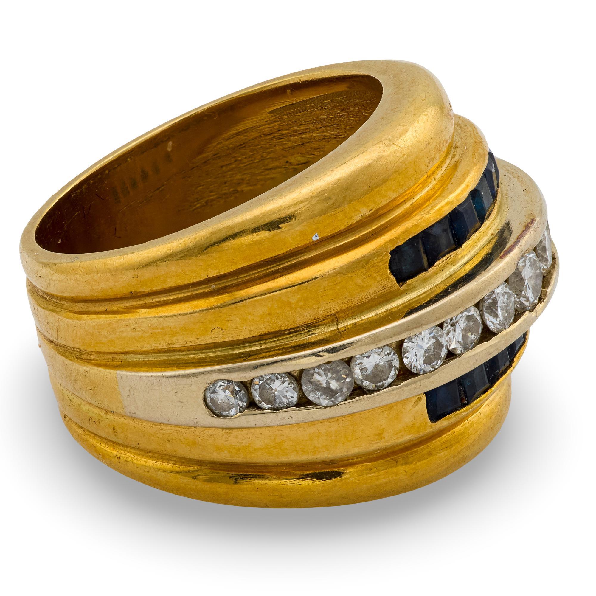 Französischer Retro Diamant Saphir 18k Gelbgold Panzer Ring im Angebot 2