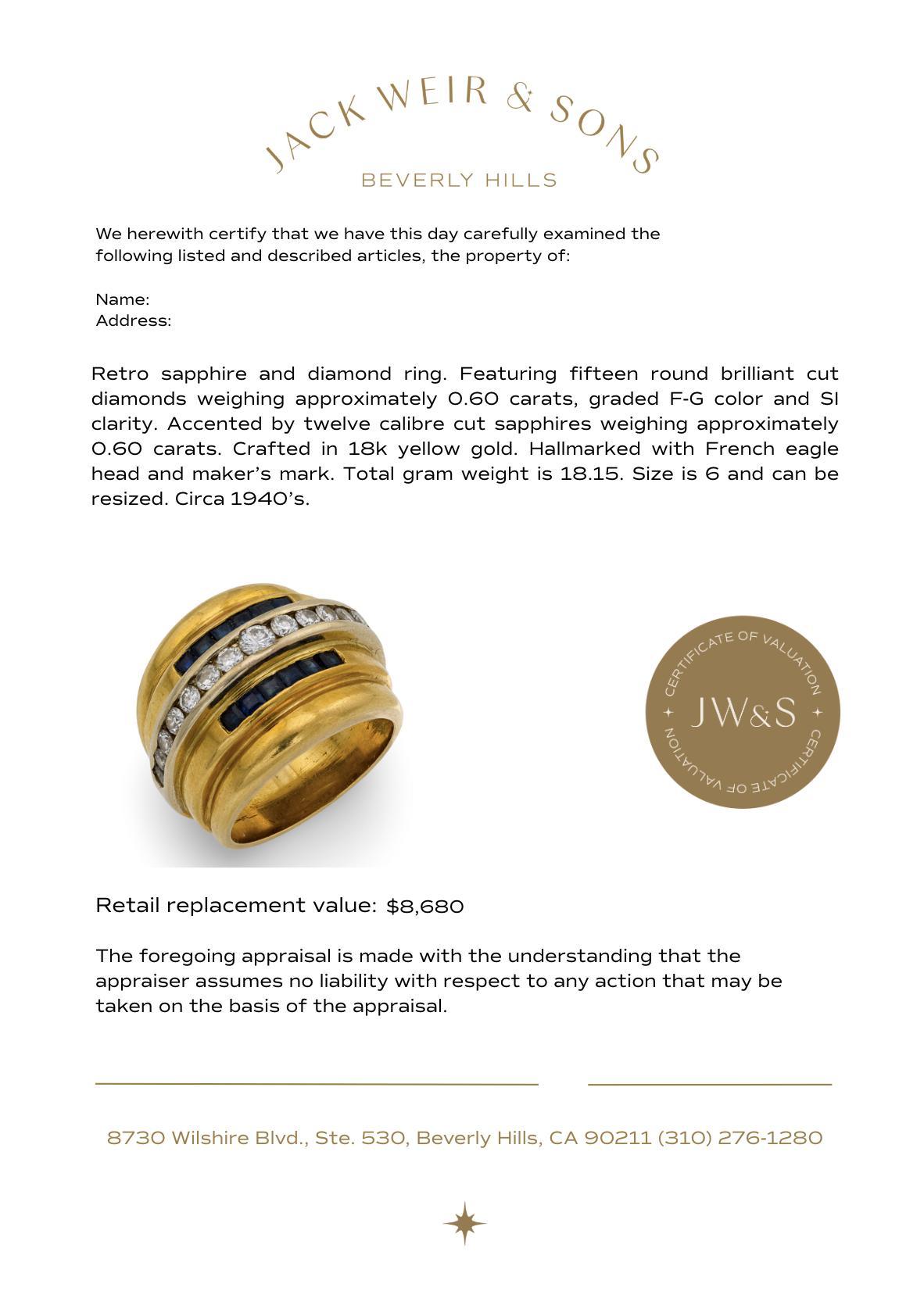 Französischer Retro Diamant Saphir 18k Gelbgold Panzer Ring im Angebot 3