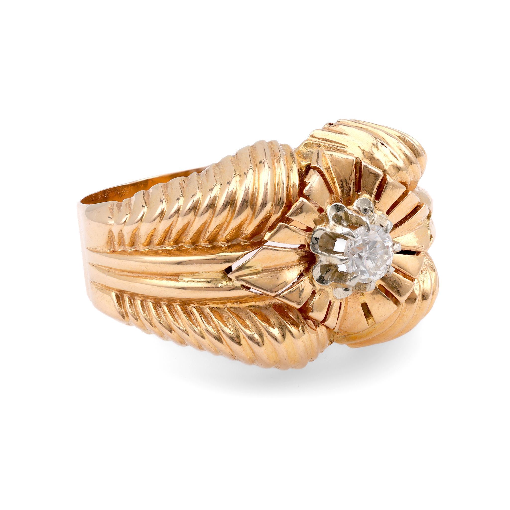 Brilliant Cut French Retro Diamond Yellow Gold Cocktail Ring