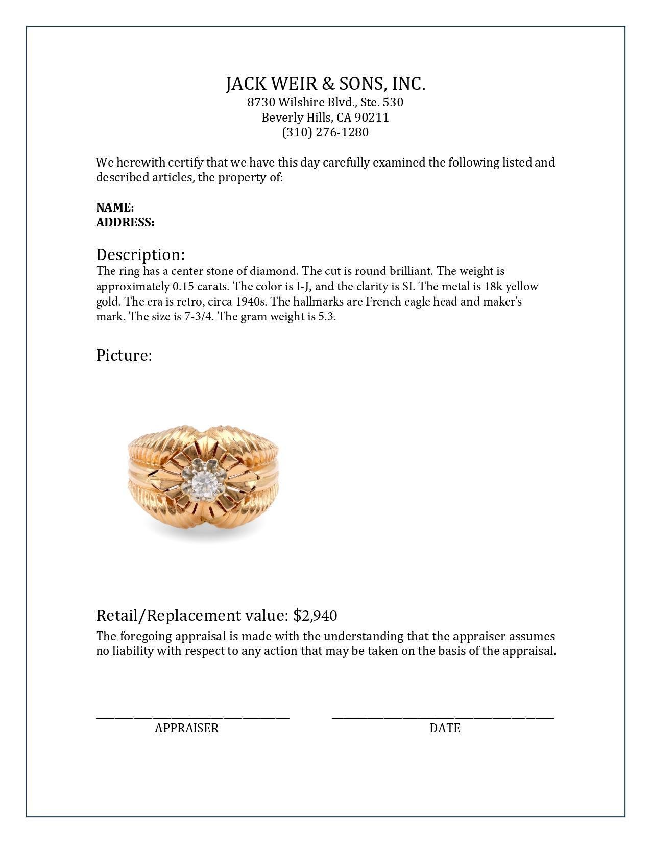 French Retro Diamond Yellow Gold Cocktail Ring In Excellent Condition In Beverly Hills, CA