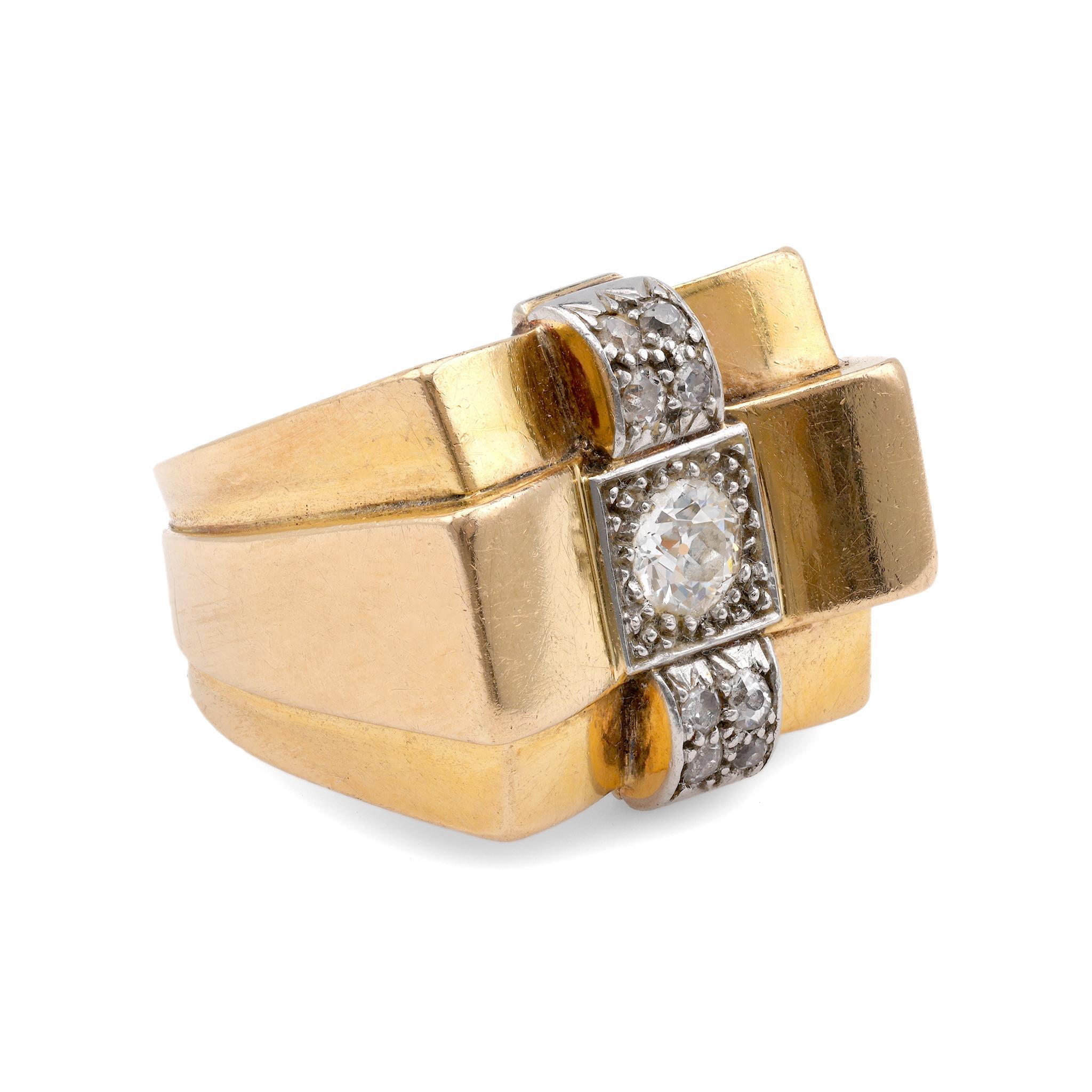 Old European Cut French Retro Diamond Yellow Gold & Platinum Tank Ring