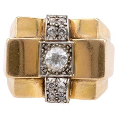 French Retro Diamond Yellow Gold & Platinum Tank Ring