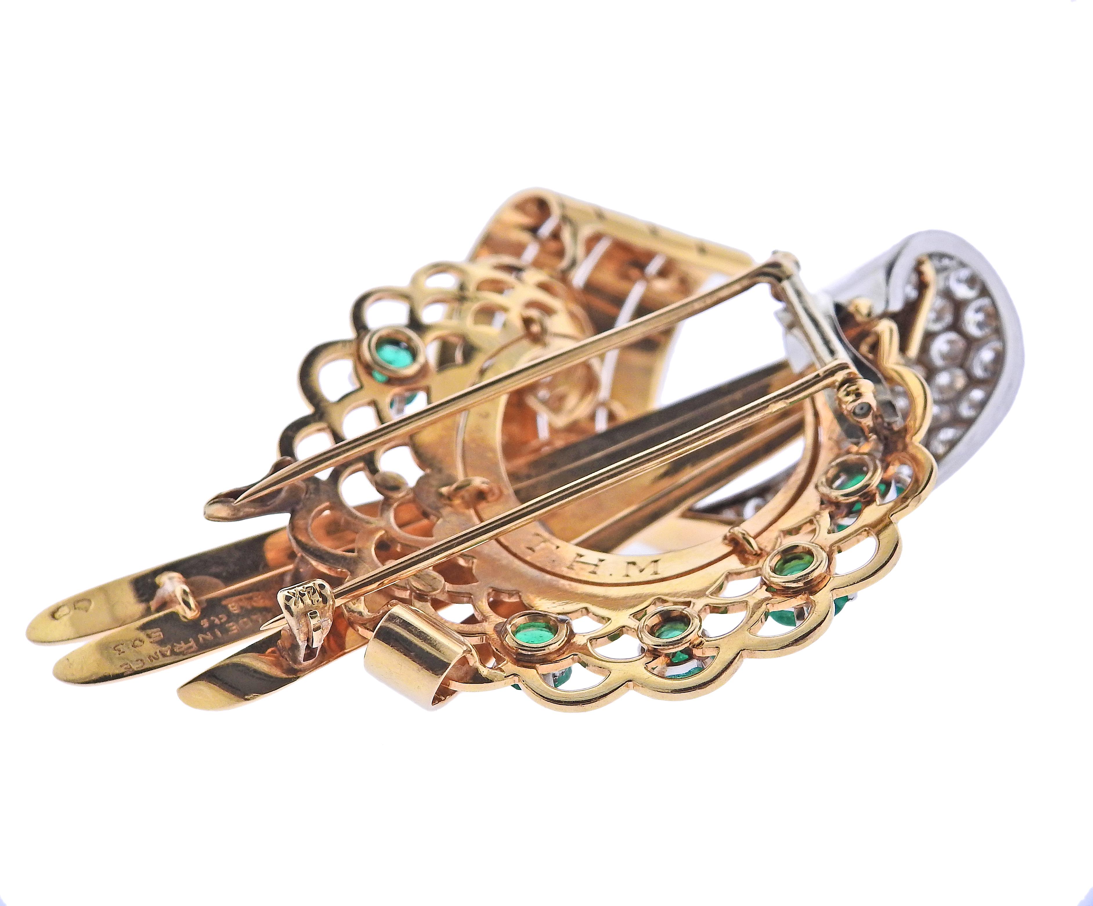 Round Cut French Retro Emerald Diamond Gold Brooch Pin For Sale