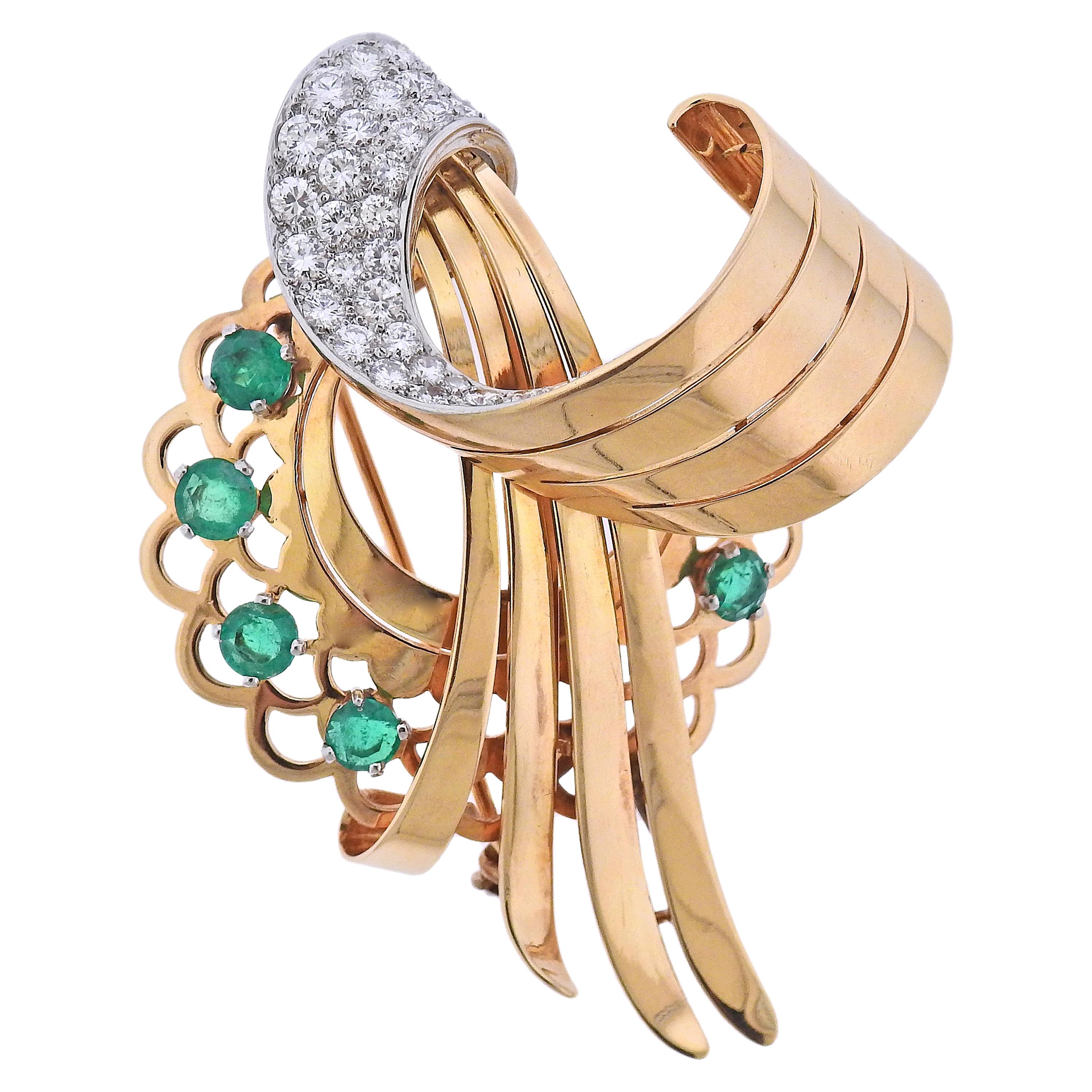 French Retro Emerald Diamond Gold Brooch Pin For Sale