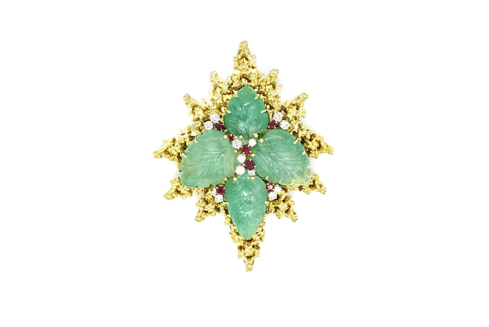 Women's or Men's French Retro Emerald Diamond Ruby Brooch/Pendant  For Sale