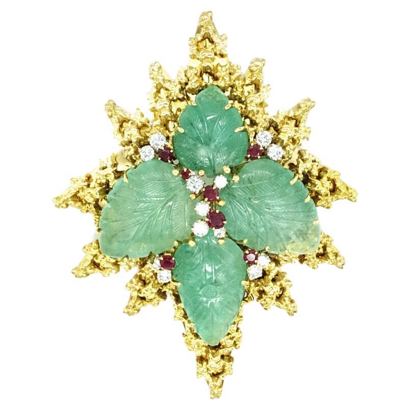 French Retro Emerald Diamond Ruby Brooch/Pendant 