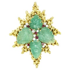 French Vintage Emerald Diamond Ruby Brooch/Pendant 