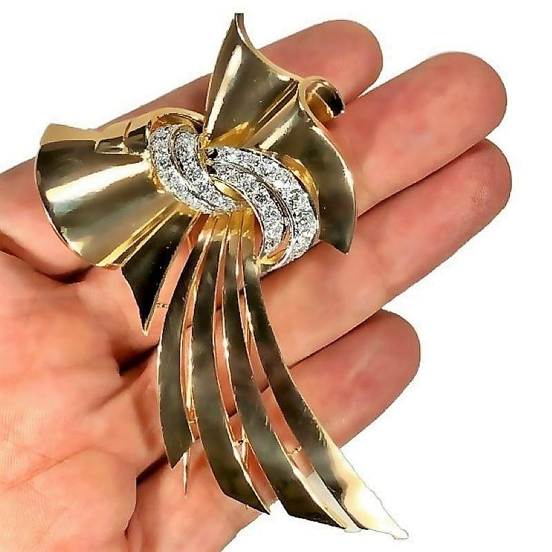 Old European Cut French Retro, Gold and Diamond Bow Brooch Long