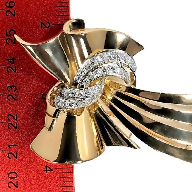 French Retro, Gold and Diamond Bow Brooch Long 1