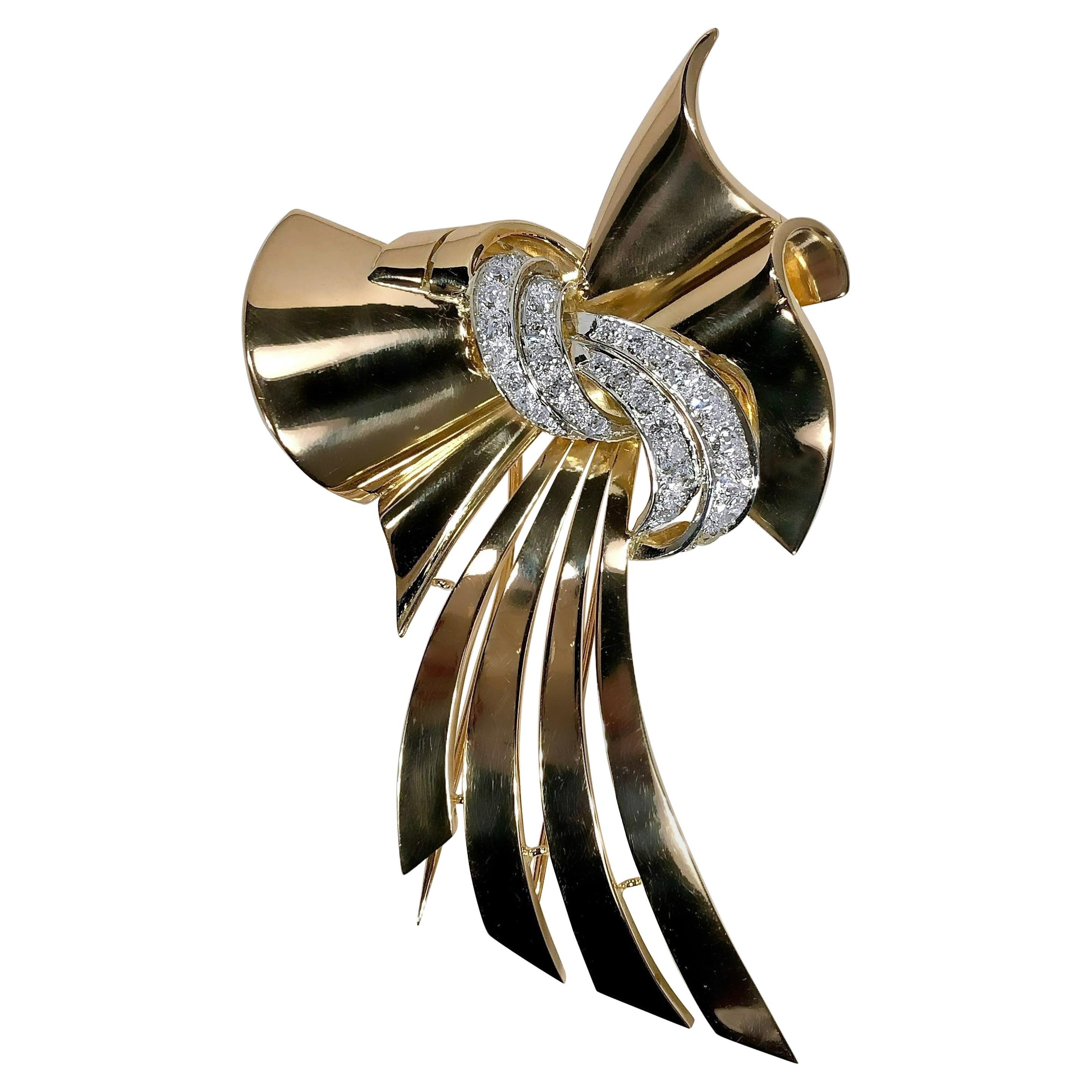 French Retro, Gold and Diamond Bow Brooch Long