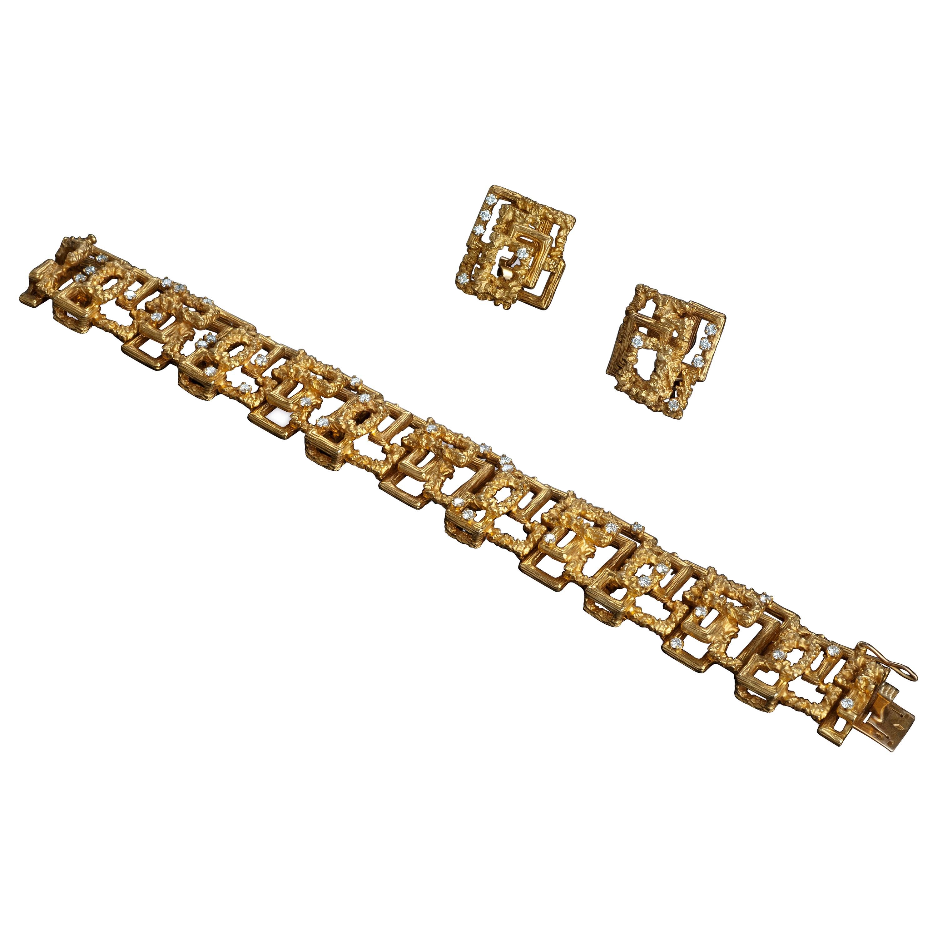 French Retro Gold and Diamond Bracelet and Earrings Suite by Cartier