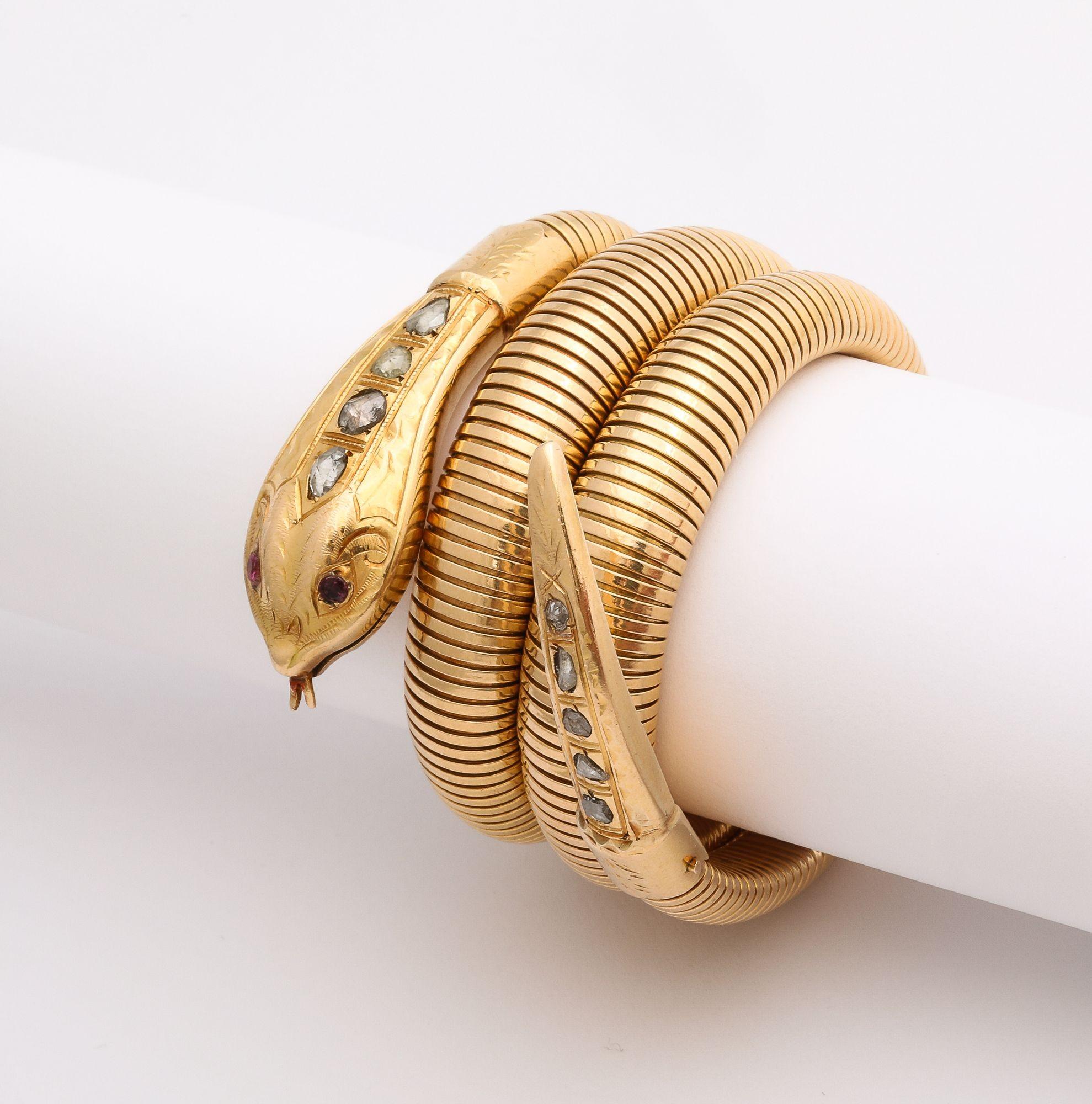 French Retro Gold Snake/Serpent Wrap Bracelet with Rose Diamond Head and Tail For Sale 5