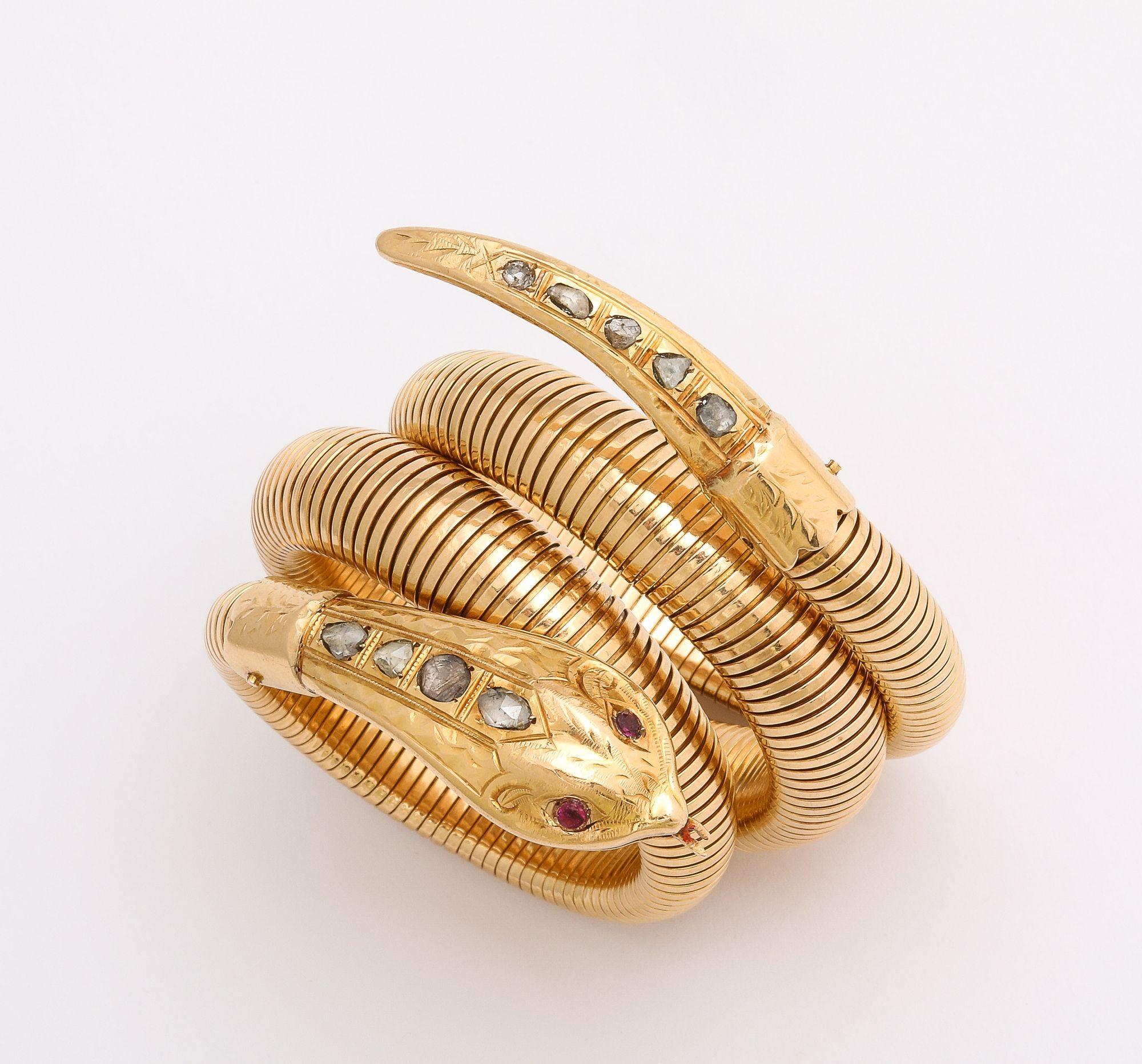 Rose Cut French Retro Gold Snake/Serpent Wrap Bracelet with Rose Diamond Head and Tail For Sale