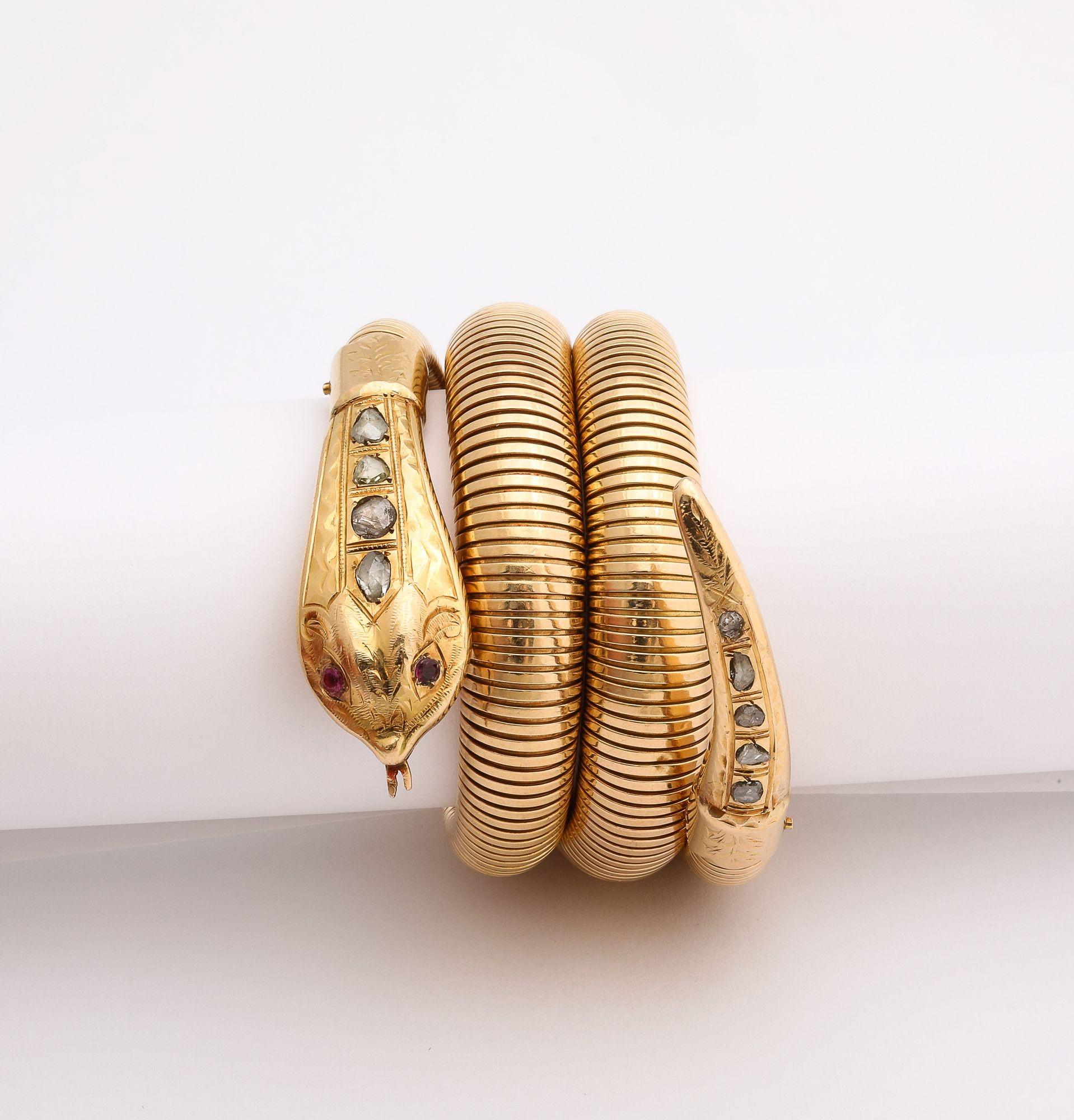French Retro Gold Snake/Serpent Wrap Bracelet with Rose Diamond Head and Tail In Good Condition For Sale In New York, NY