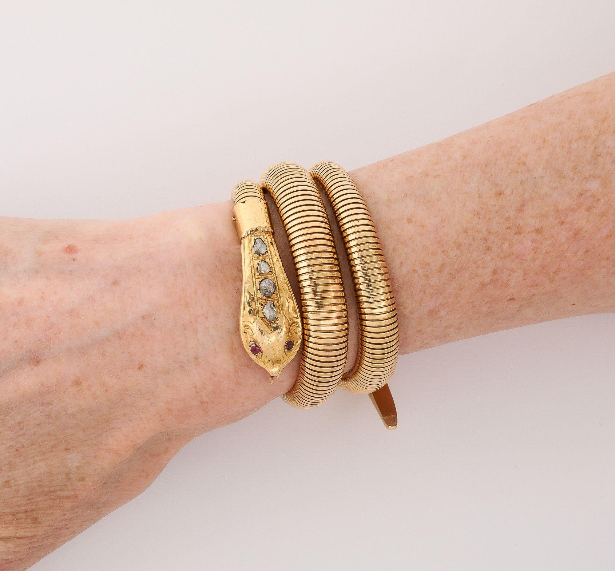 Women's or Men's French Retro Gold Snake/Serpent Wrap Bracelet with Rose Diamond Head and Tail For Sale