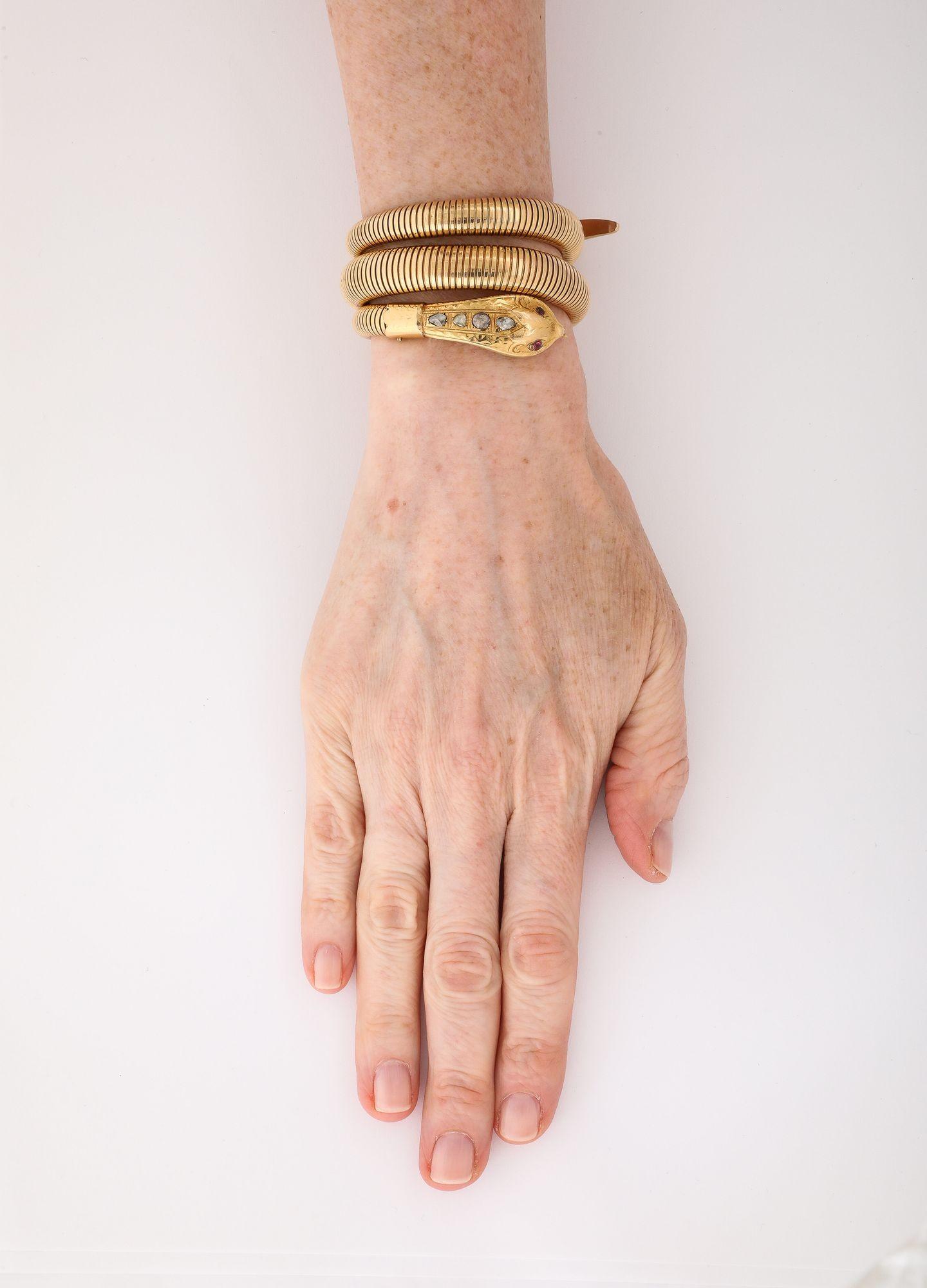 French Retro Gold Snake/Serpent Wrap Bracelet with Rose Diamond Head and Tail For Sale 1