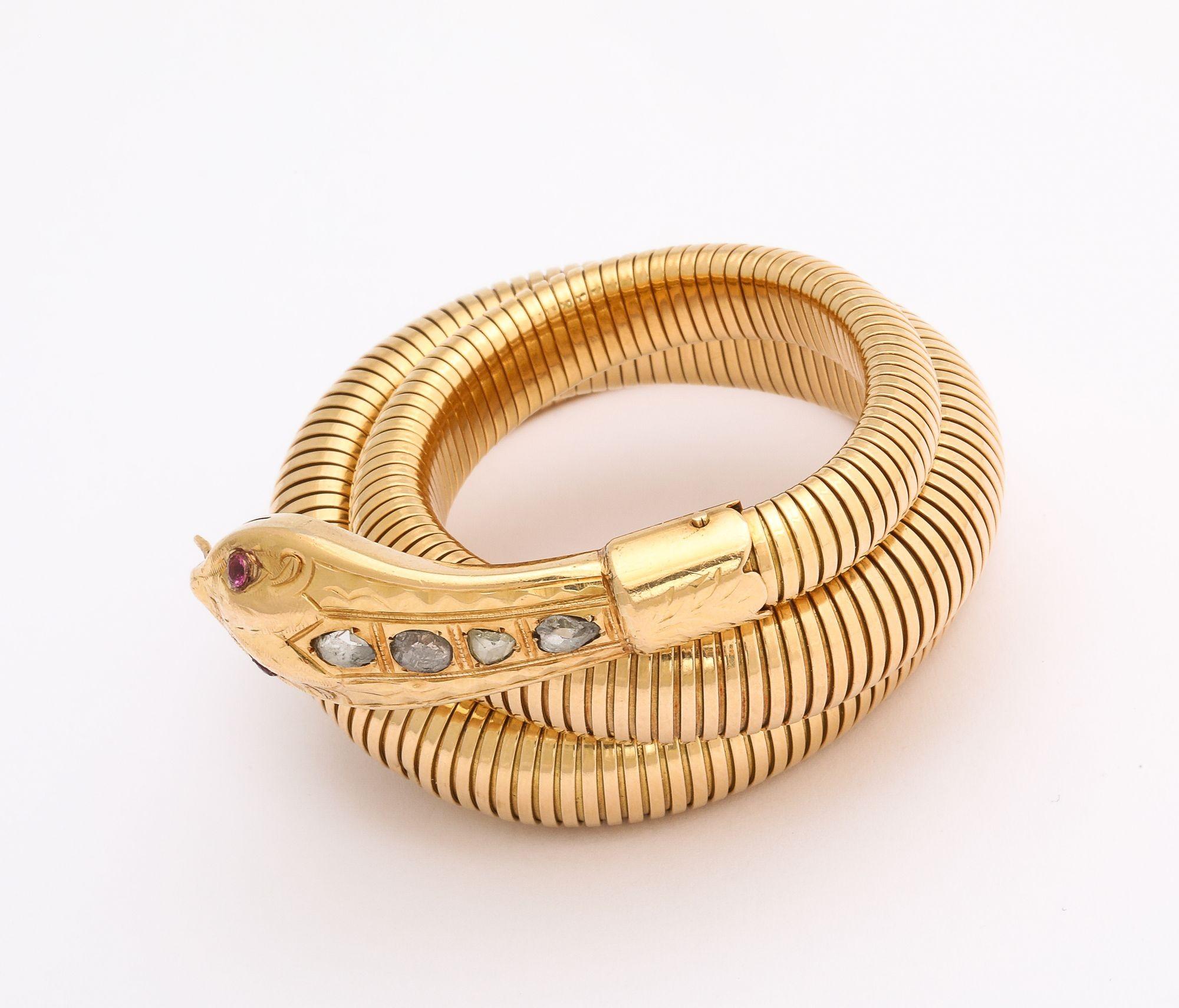 French Retro Gold Snake/Serpent Wrap Bracelet with Rose Diamond Head and Tail For Sale 2